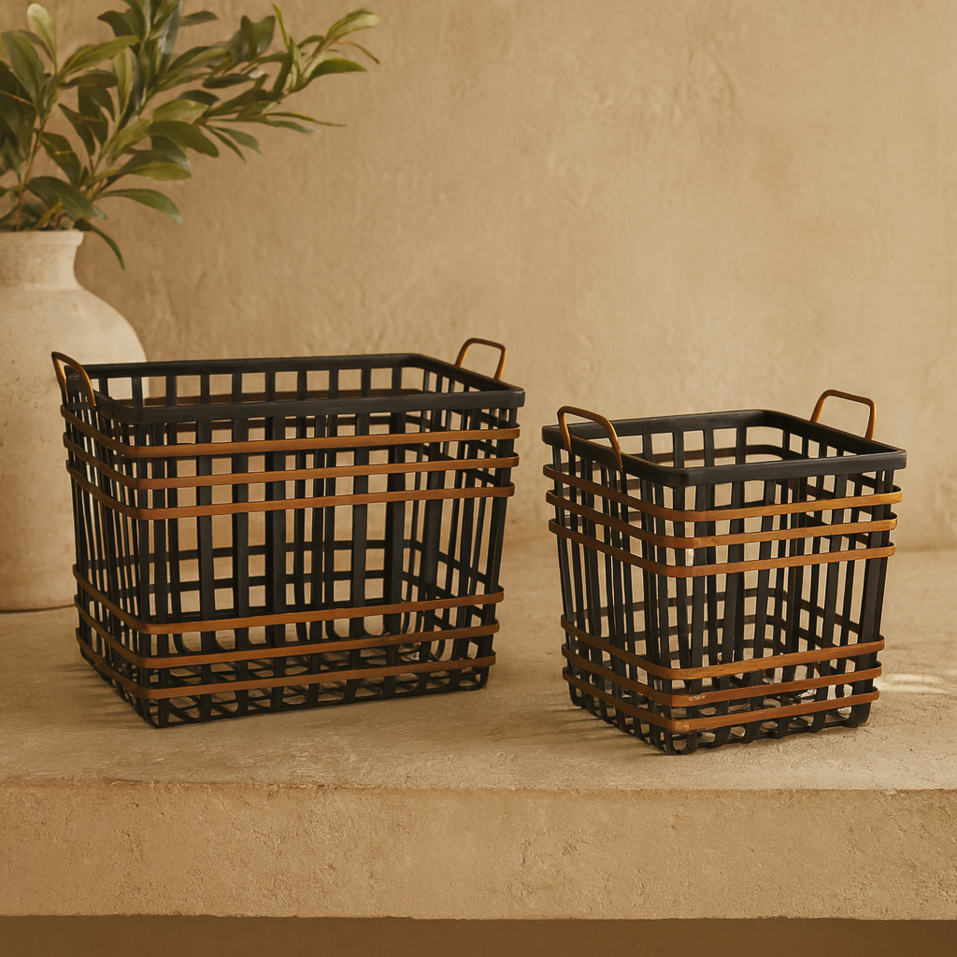 Set of 2 Black Bamboo Wood Open Frame Square Decorative and Functional Storage Basket with Brown Accents