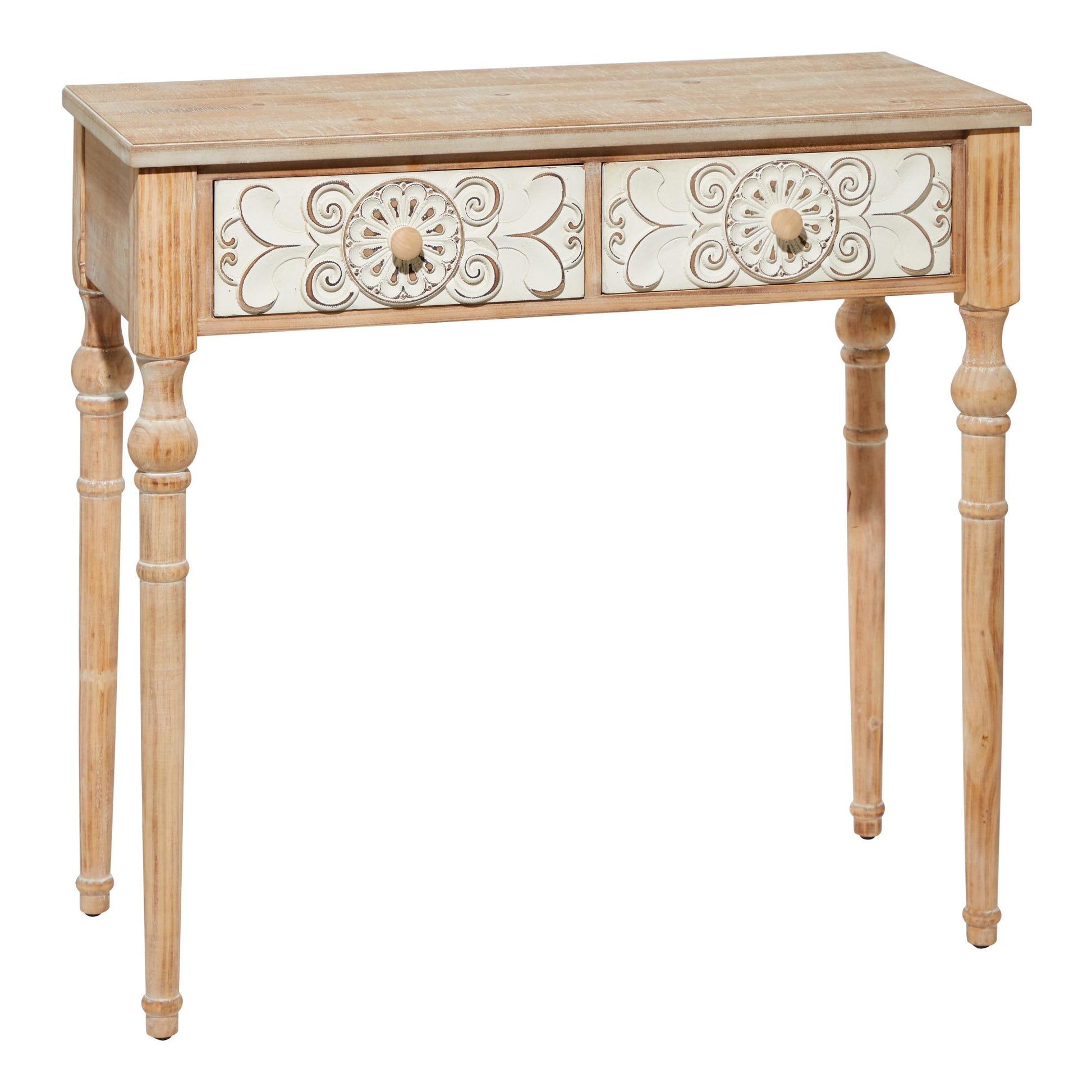 Floral Brown Wood Intricately Carved 2 Drawer Living Room Console Table