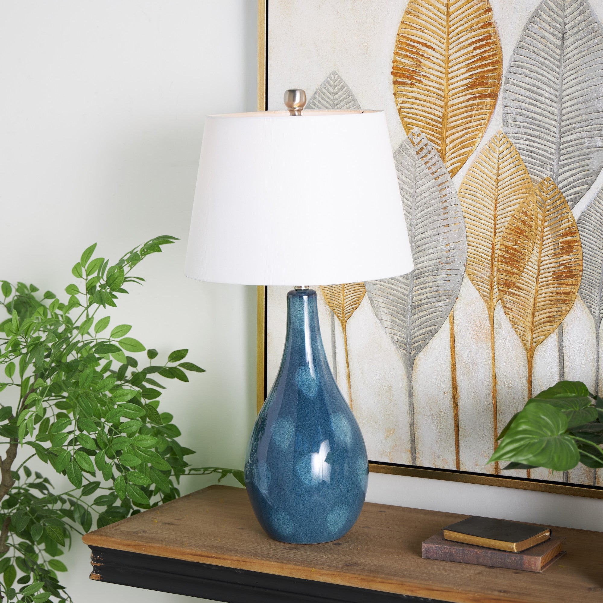 Set of 2 Abstract Teal Ceramic Textured Room Table Lamp with Drum Shade