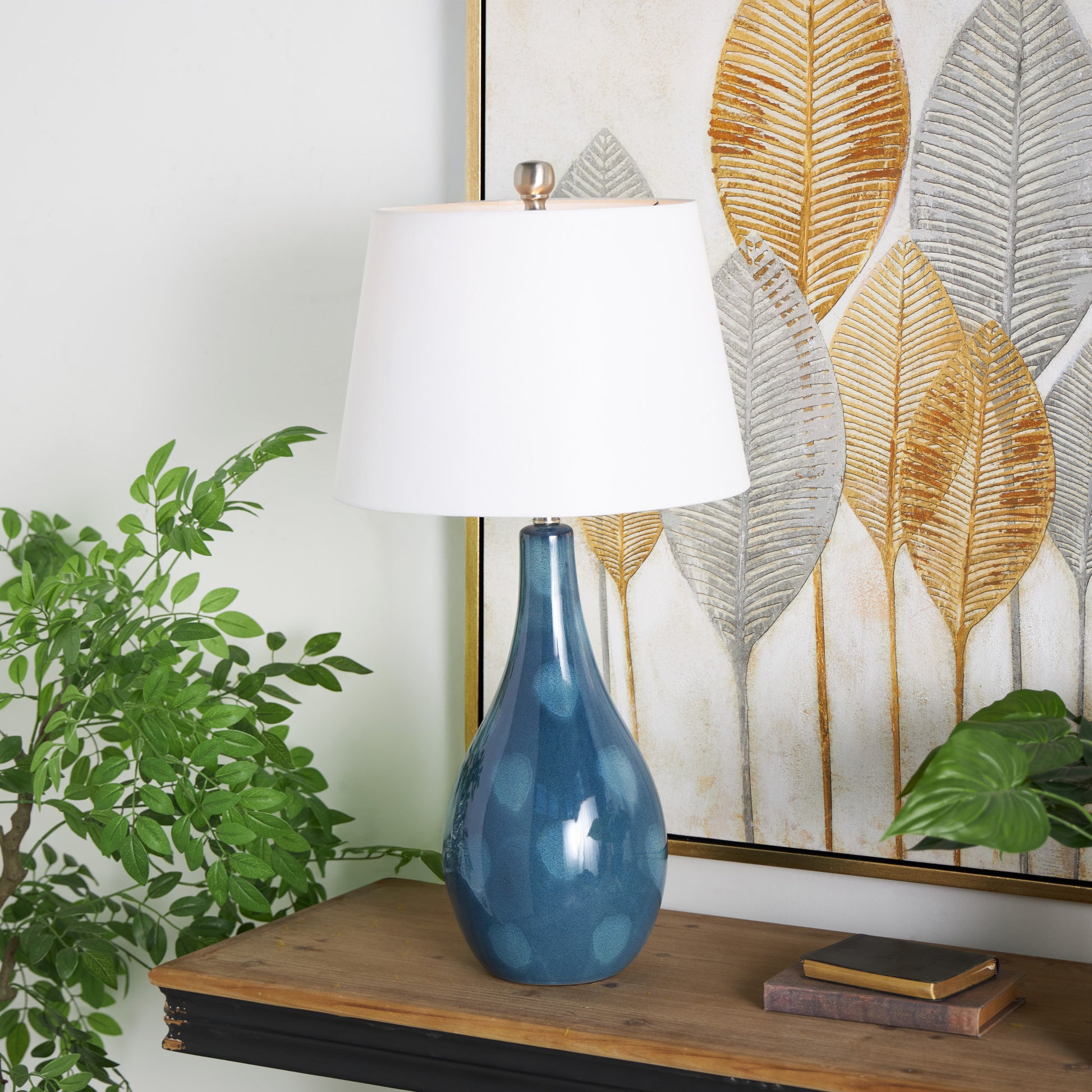Set of 2 Abstract Teal Ceramic Textured Room Table Lamp with Drum Shade
