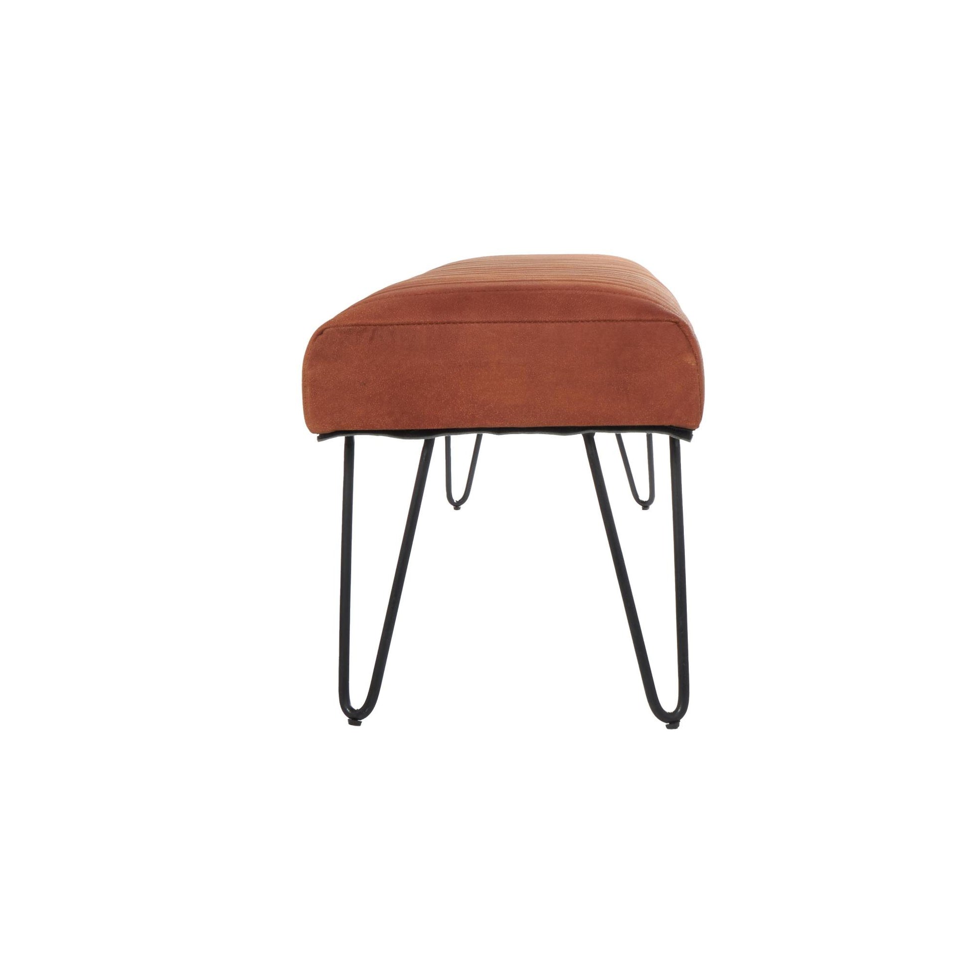 Leather Upholstered Home Bench with Linear Tufted Panels and Black Metal Hairpin Legs