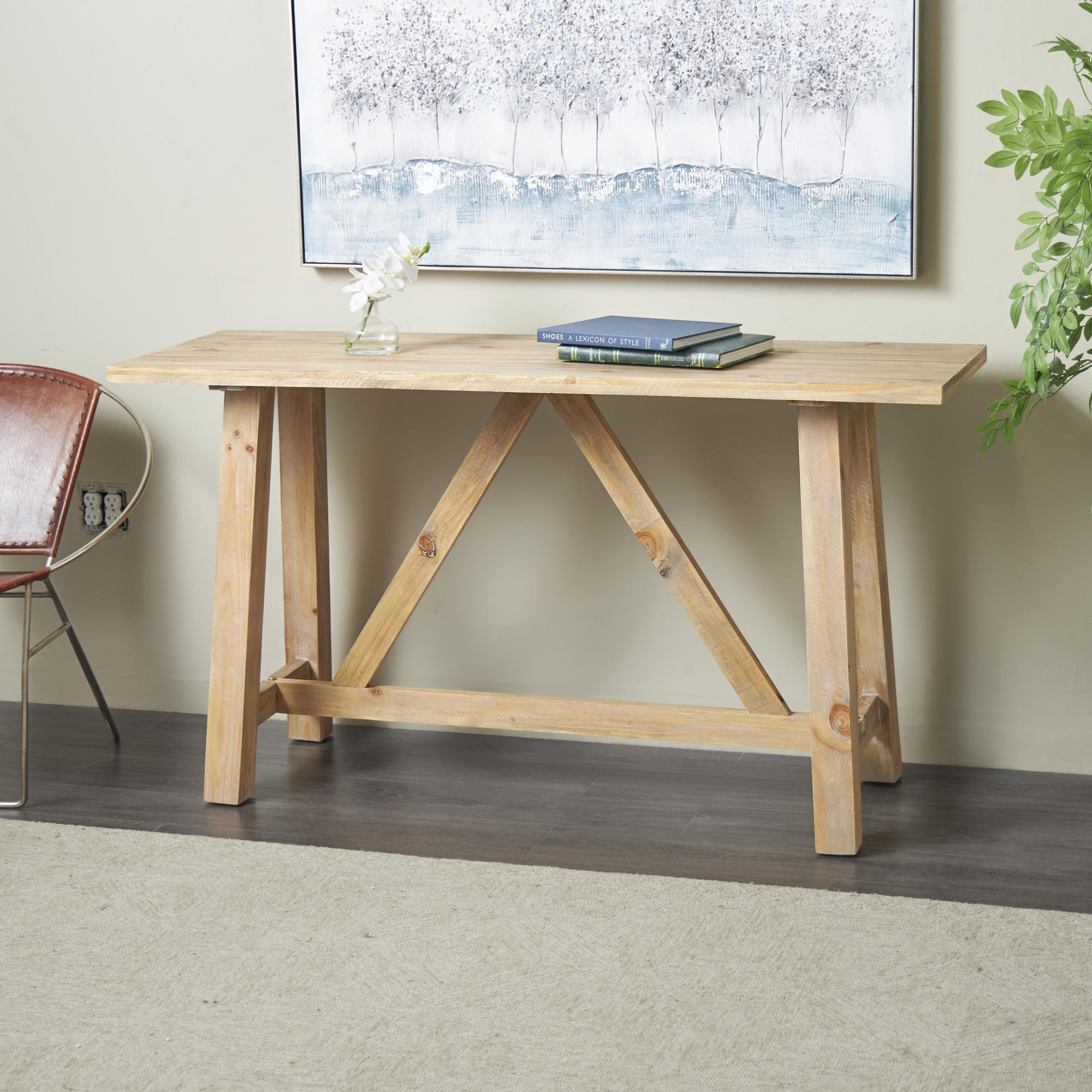 Light Brown Wood Rectangular Living Room Console Table with Flared Legs and Crossed Beams