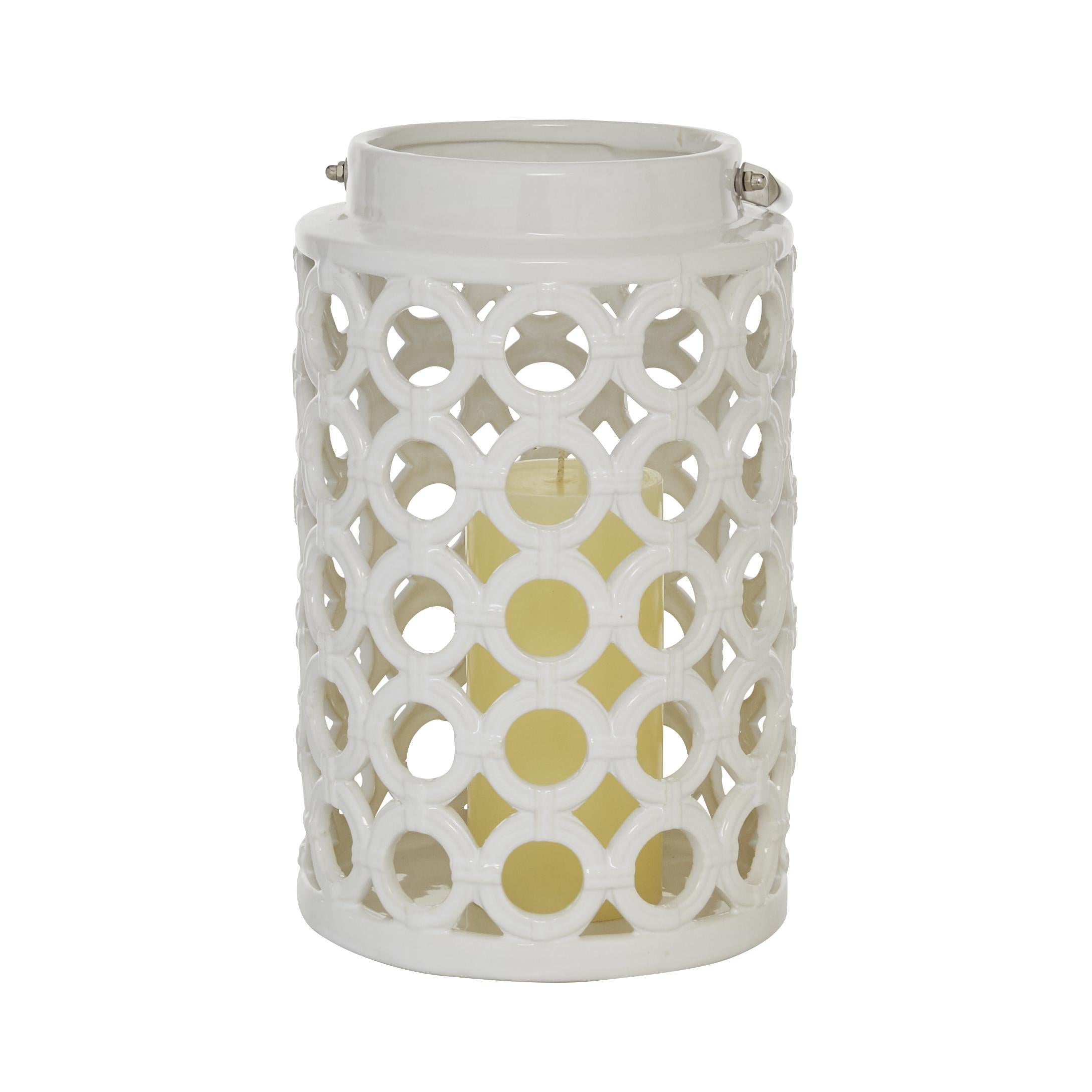 White Ceramic Circles Decorative Indoor Outdoor Candle Lantern with Cut Out Design