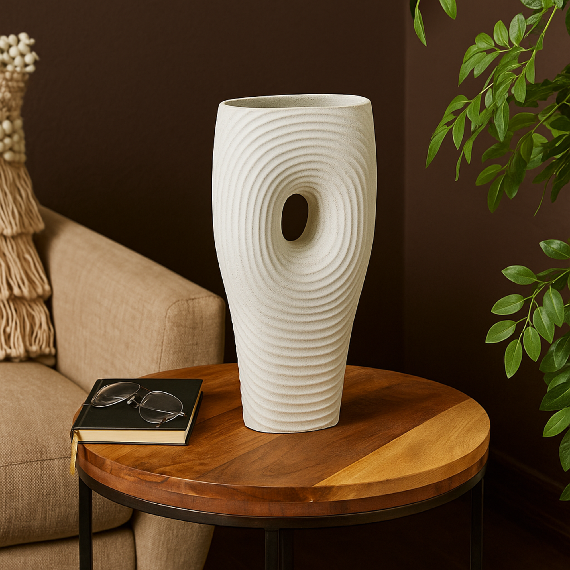 Abstract White Ceramic Ribbed Ring Cutout Decorative Vase with Glossy Speckled Texture