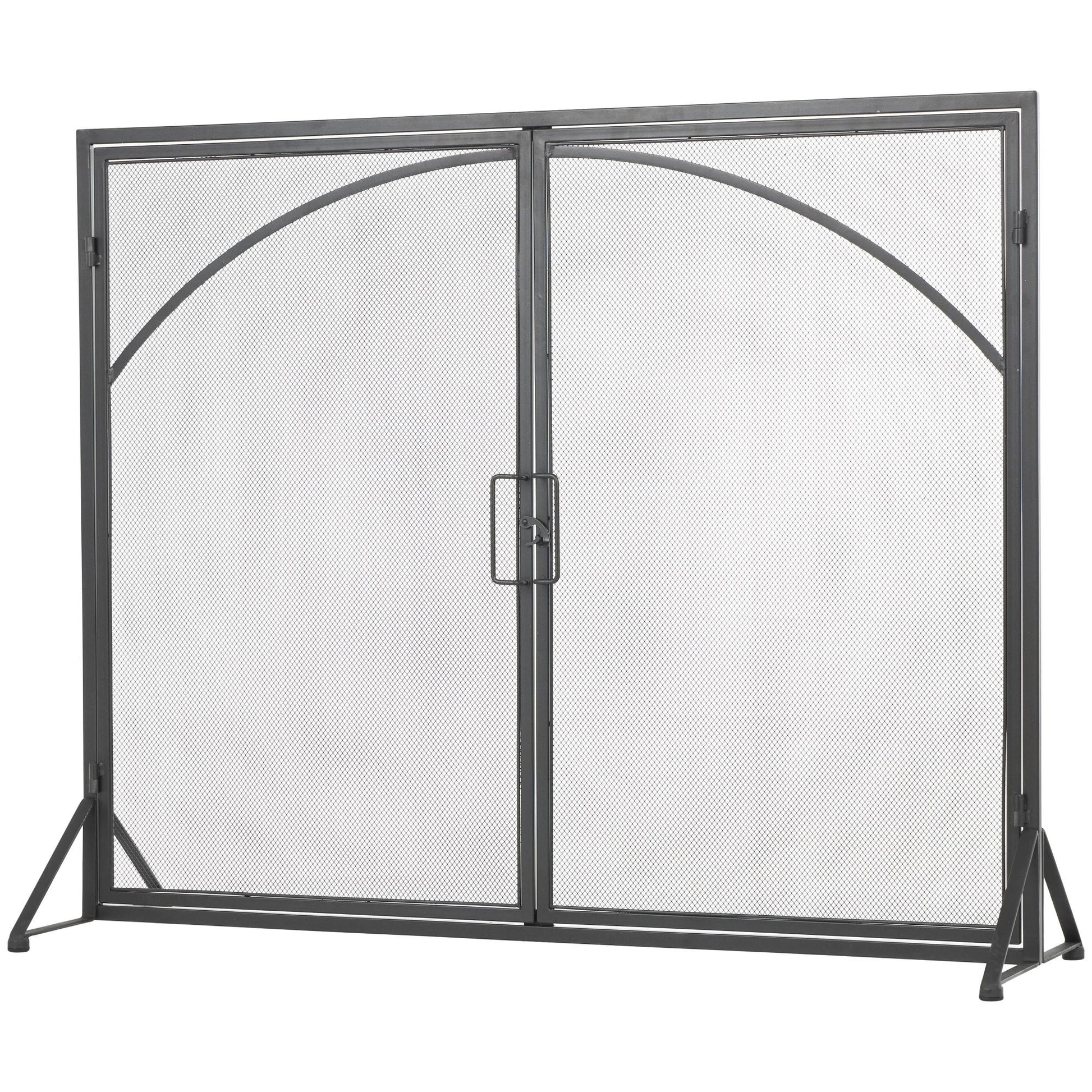 Black Metal Single Panel Living Room Fireplace Screen with Arch Inspired Doors and Handles