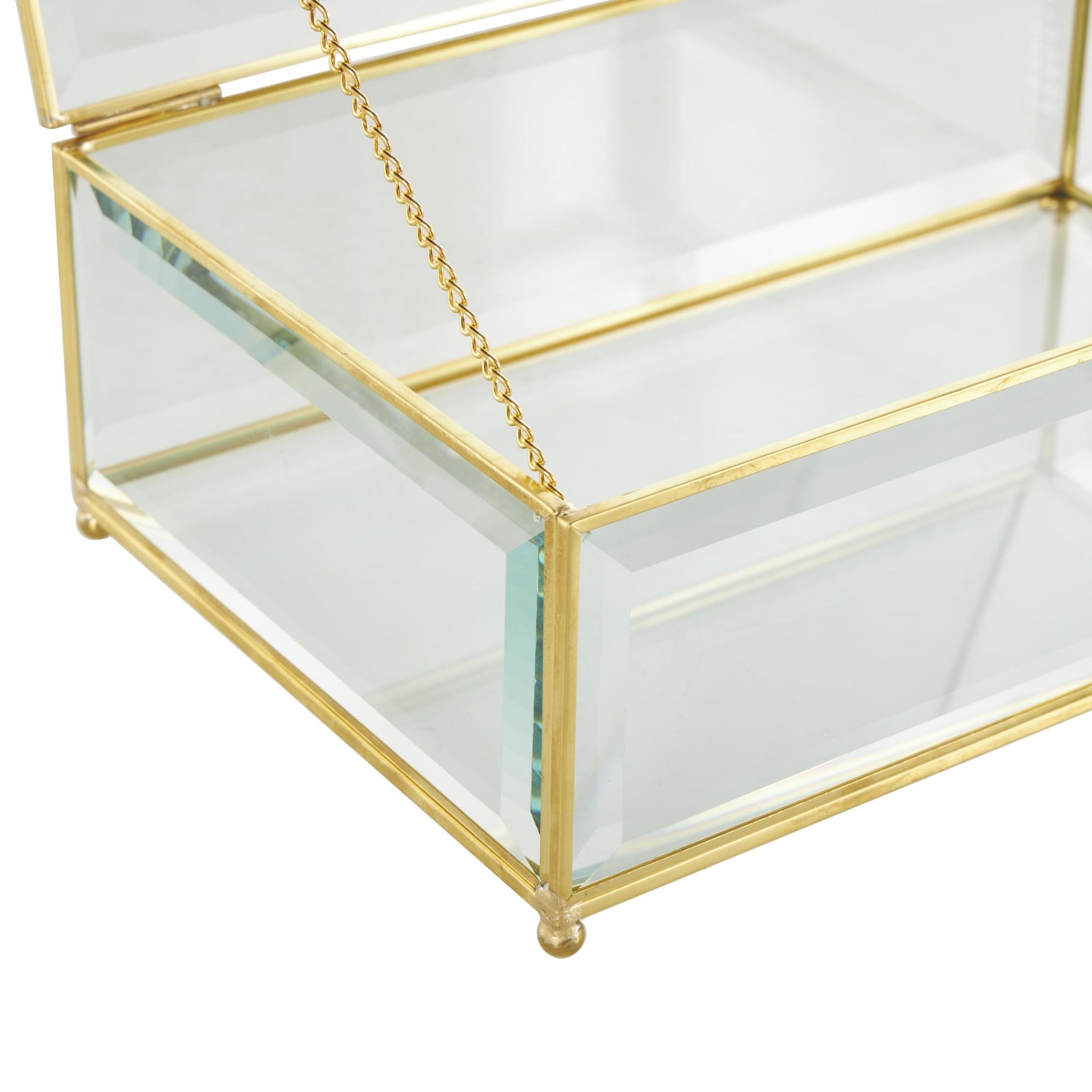 Set of 2 Clear Glass Beveled Decorative Jewelry Box with Gold Metal Frame and Chain Accent