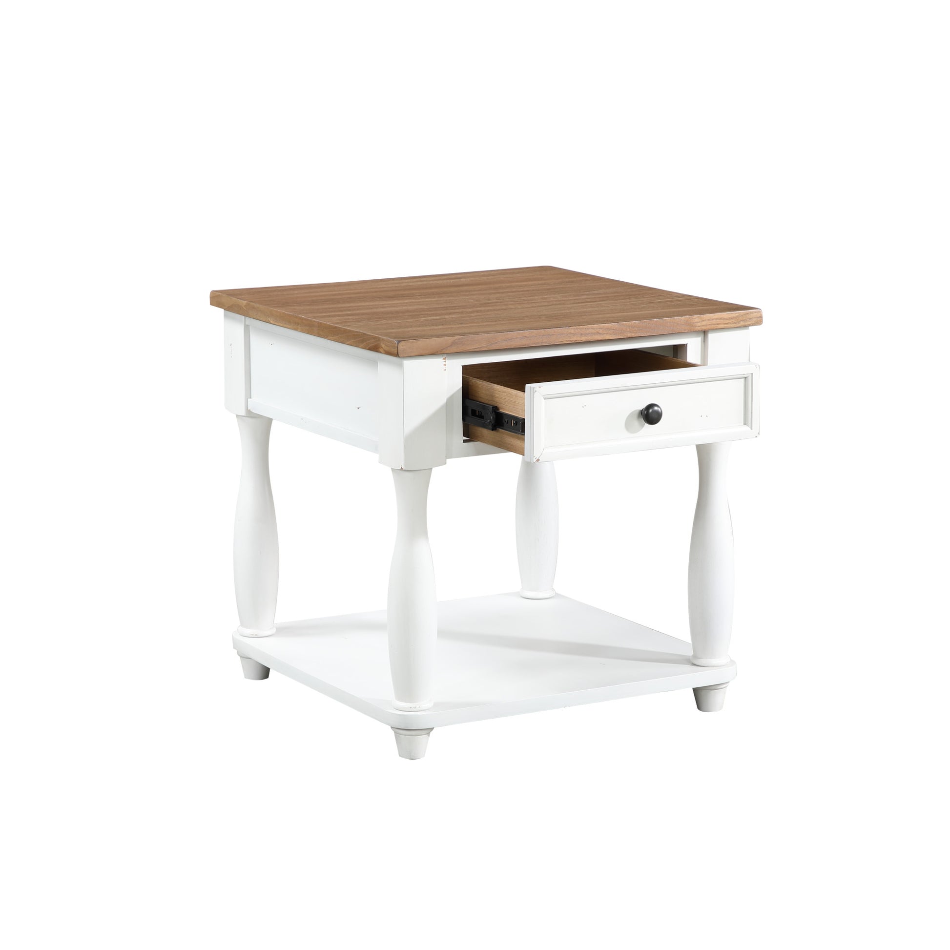 White Wood Square 1 Drawer Side End Accent Table with Brown Wood Tabletop and Turned Legs