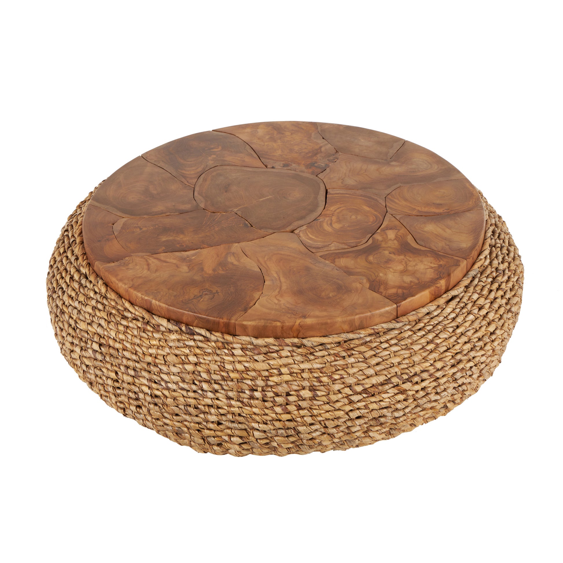 Brown Rattan Wrapped Living Room Coffee Table with Teak Tabletop