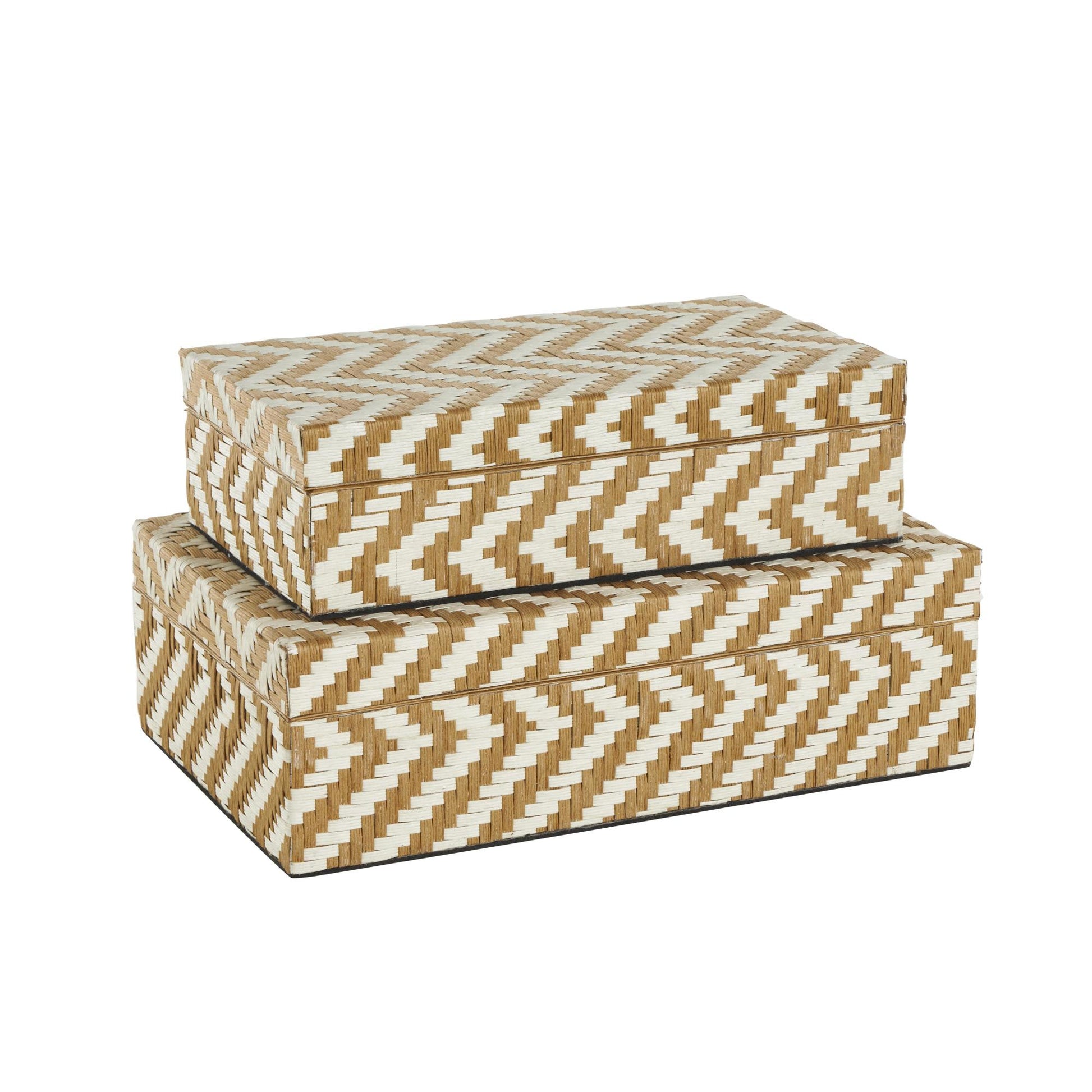 Set of 2 Geometric Brown Paper Handmade Woven Zig Zag Storage Decorative Box with Cream Accents