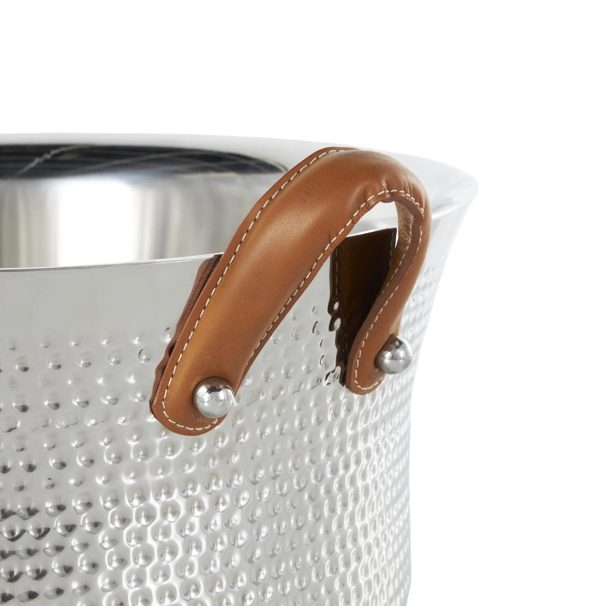 Silver Stainless Steel Metal Hammered Decorative Ice Bucket with Brown Leather Handles