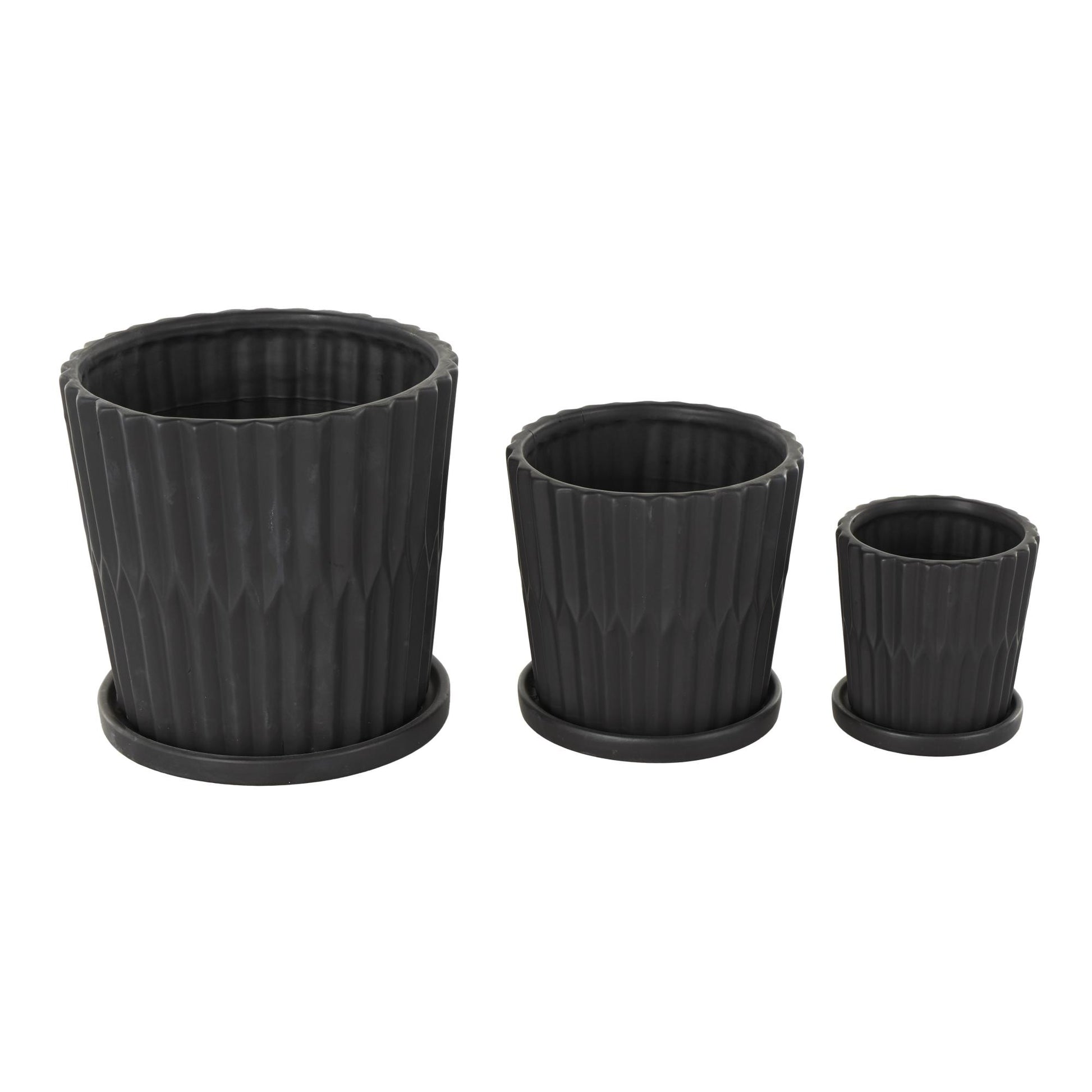 Set of 3 Ceramic Ribbed Indoor Outdoor Planter with Attached Saucer Set of 3 8",6",5"H