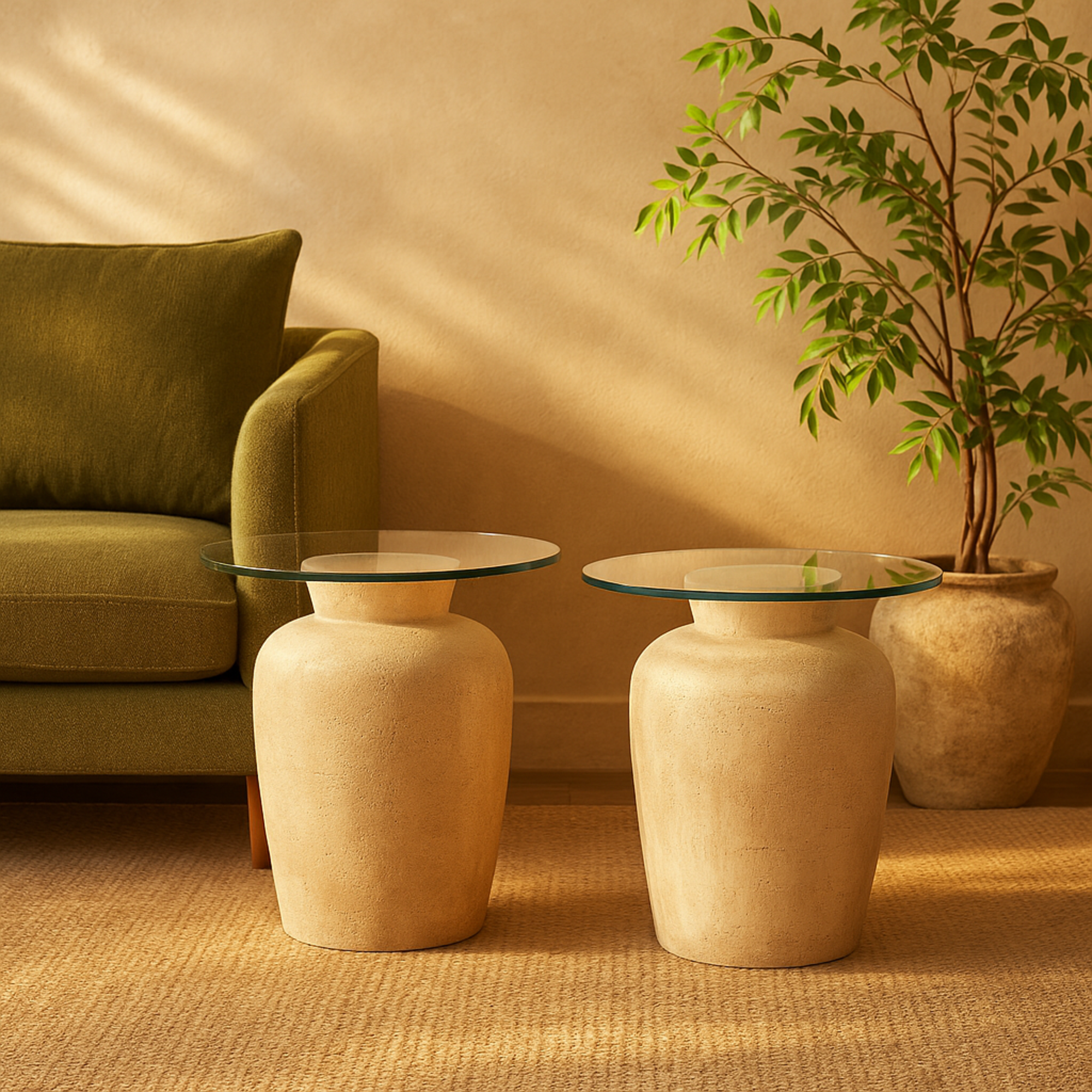 Set of 2 Beige Magnesium Oxide Side End Accent Table with Tempered Glass Tabletop