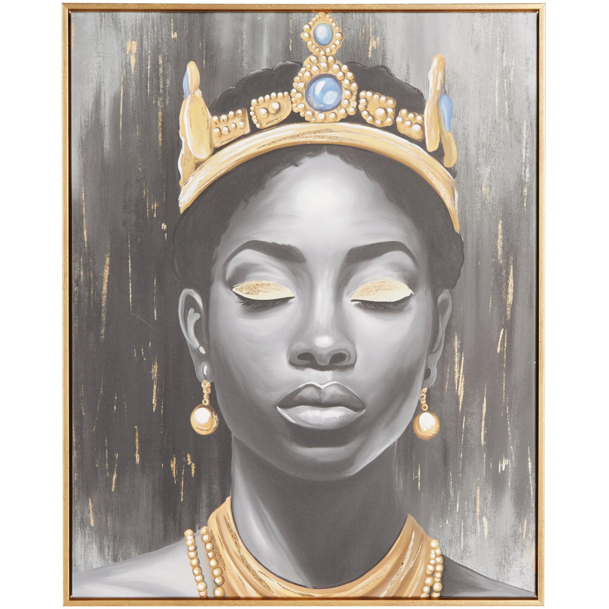Woman Black Canvas Shaded Living Room Framed Wall Art with Blue Crown and Gold Foil Accents