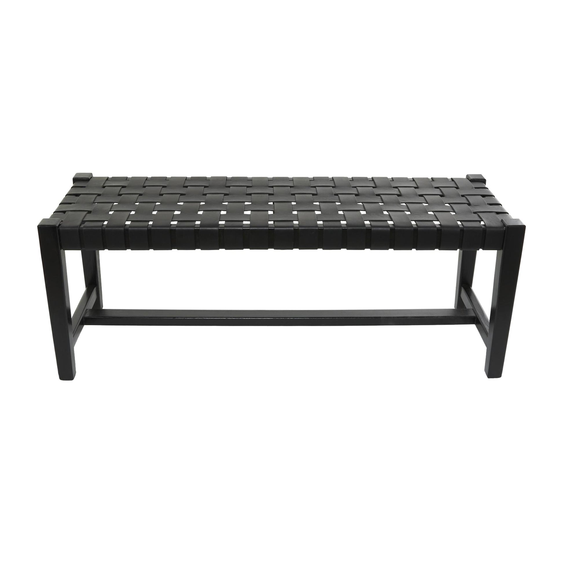 Black Leather Handmade Woven Home Bench with Teak Wood Frame