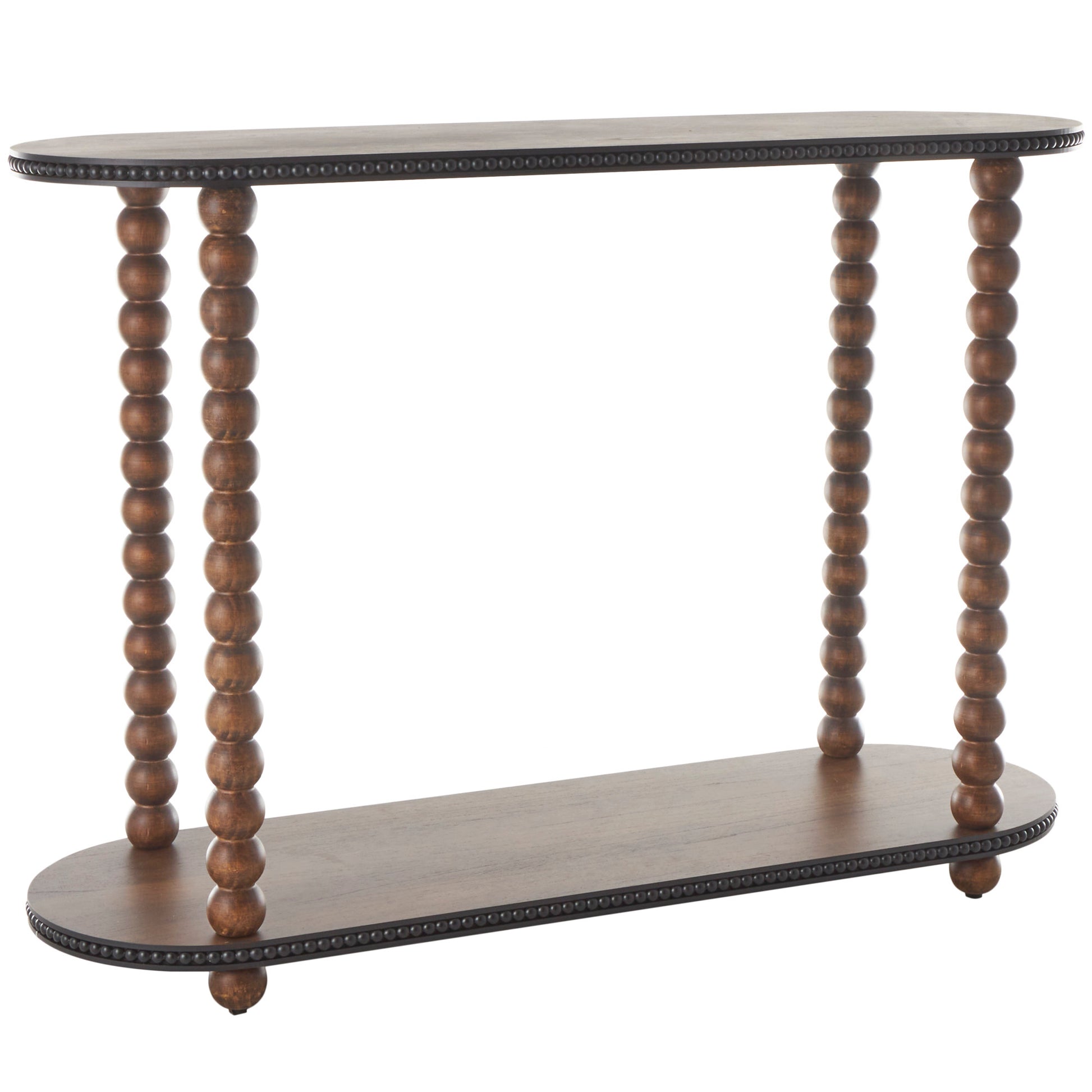 Brown Wood Oval Spindle Living Room Console Table with Beaded Edges