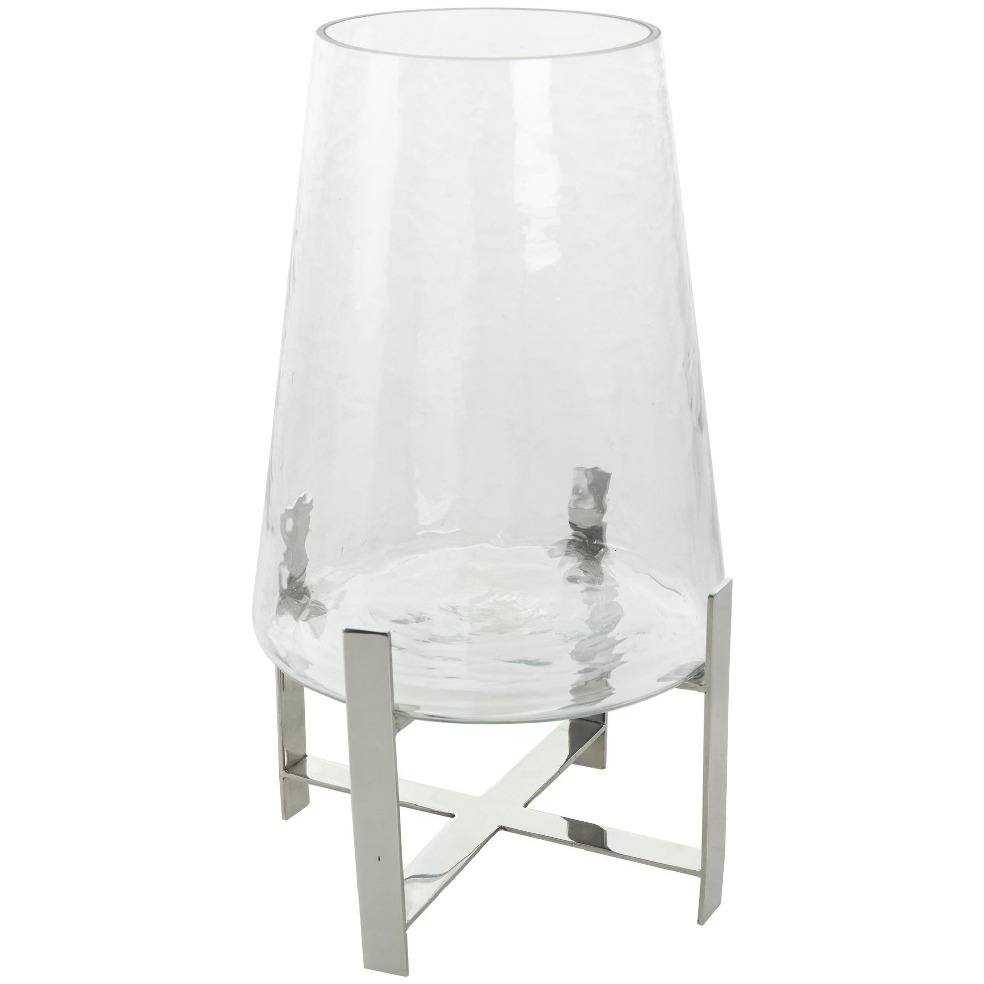 Clear Stainless Steel Metal Room Hurricane Lamp with Stainless Steel X Shaped Base