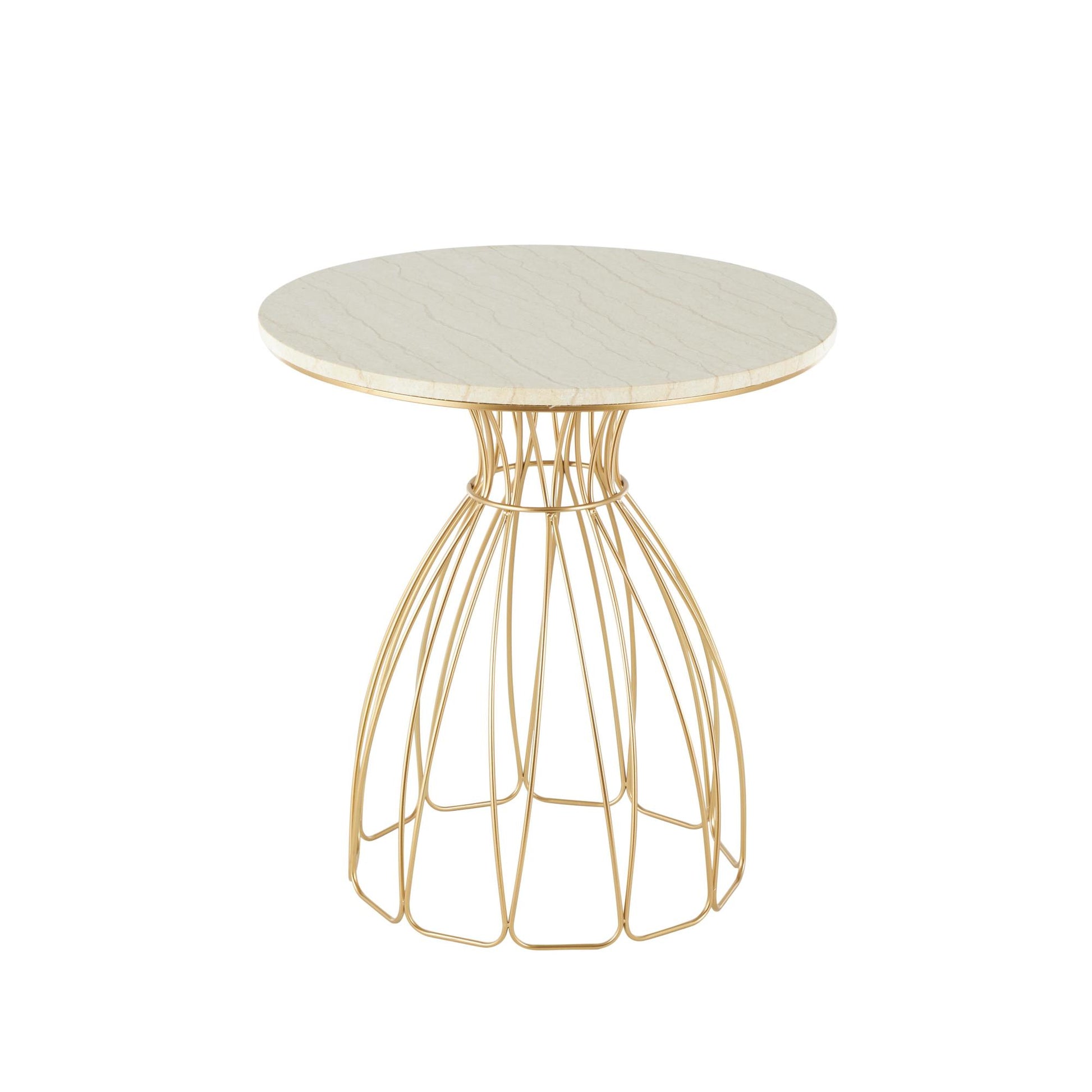Gold Metal Flower Inspired Side End Accent Table with Cream Marble Tabletop