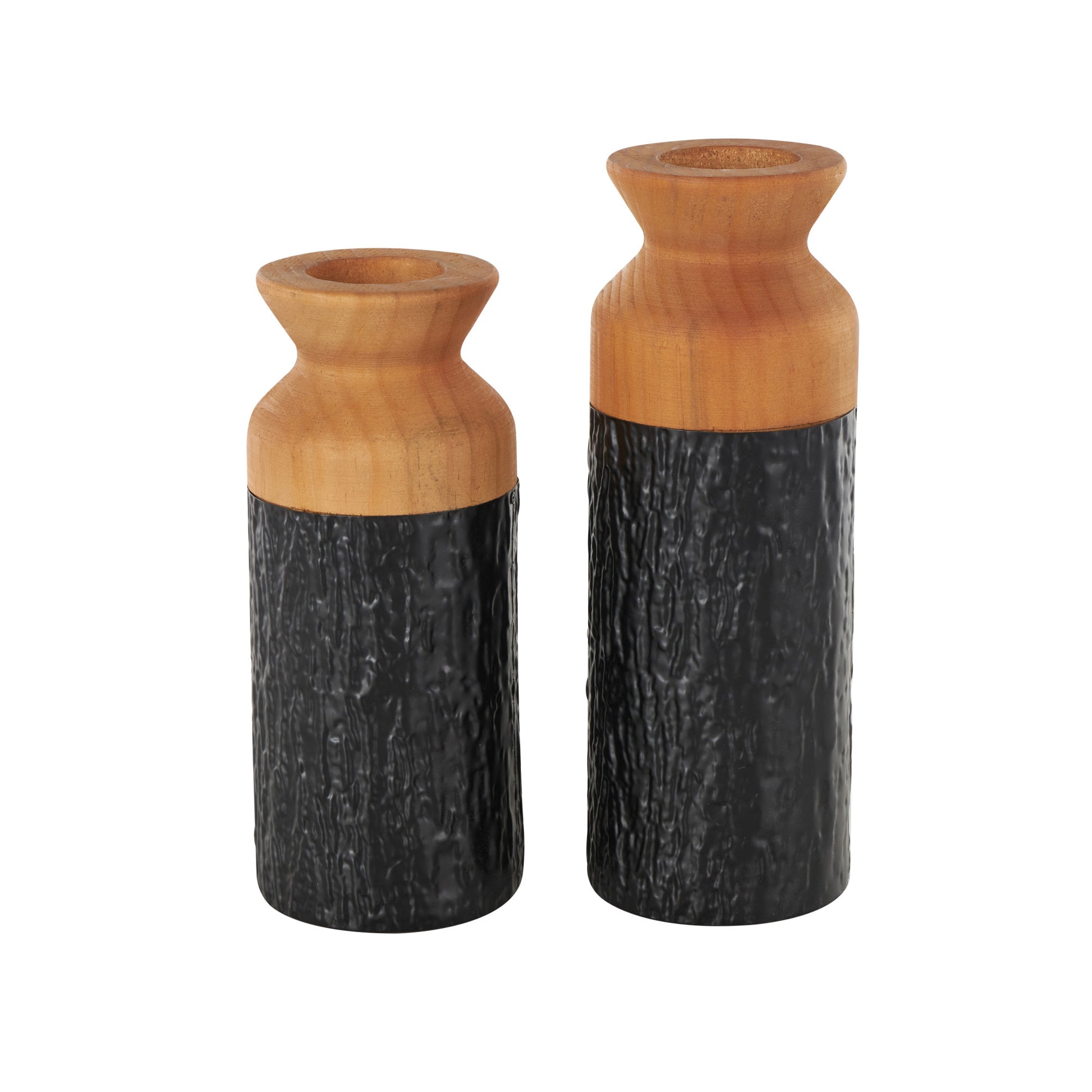 Set of 2 Metal Abstract Textured Color Block Decorative Vase with Brown Wood Tops