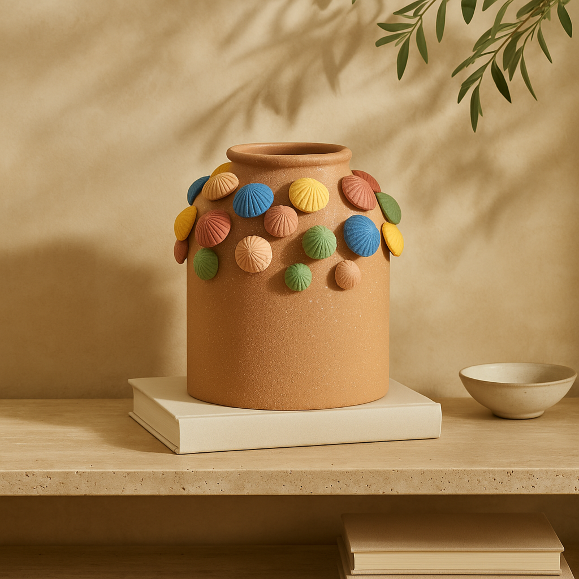 Mushroom Brown Ceramic Round Wide Decorative Vase with Multicolor Accents and White Speckles