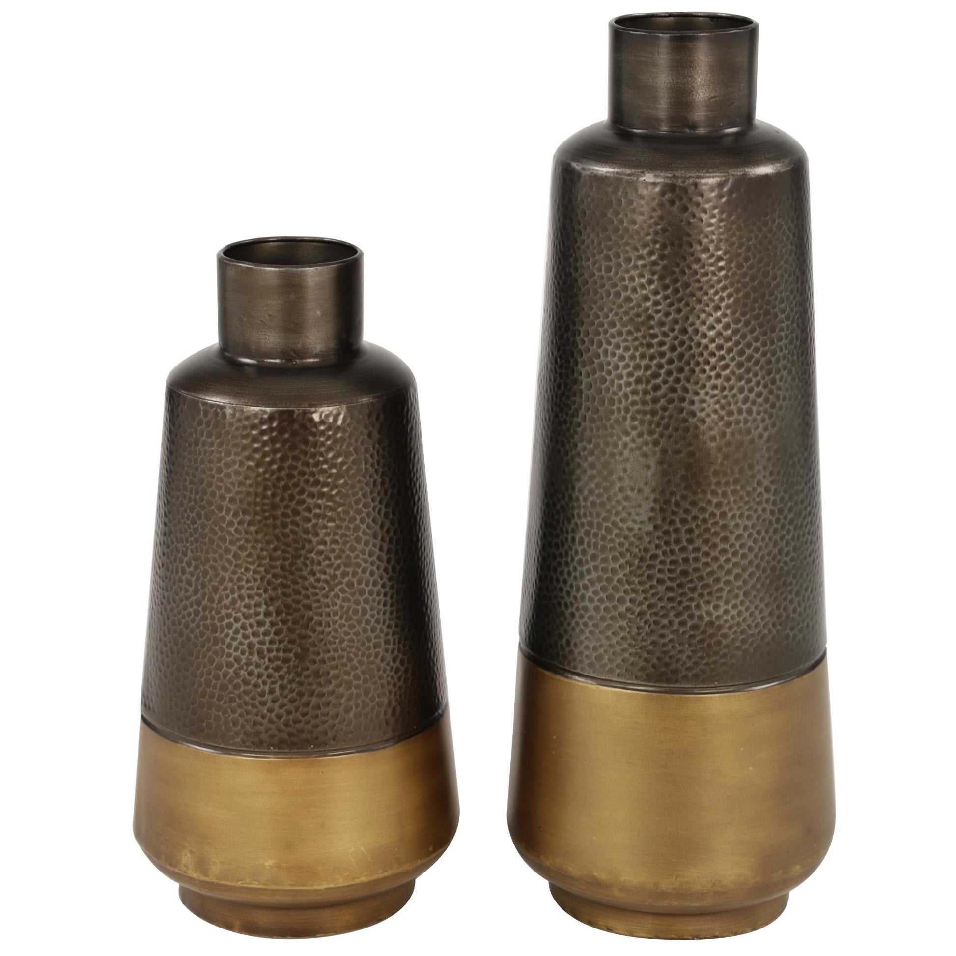 Set of 2 Dark Gray Metal Decorative Vase with Gold Base