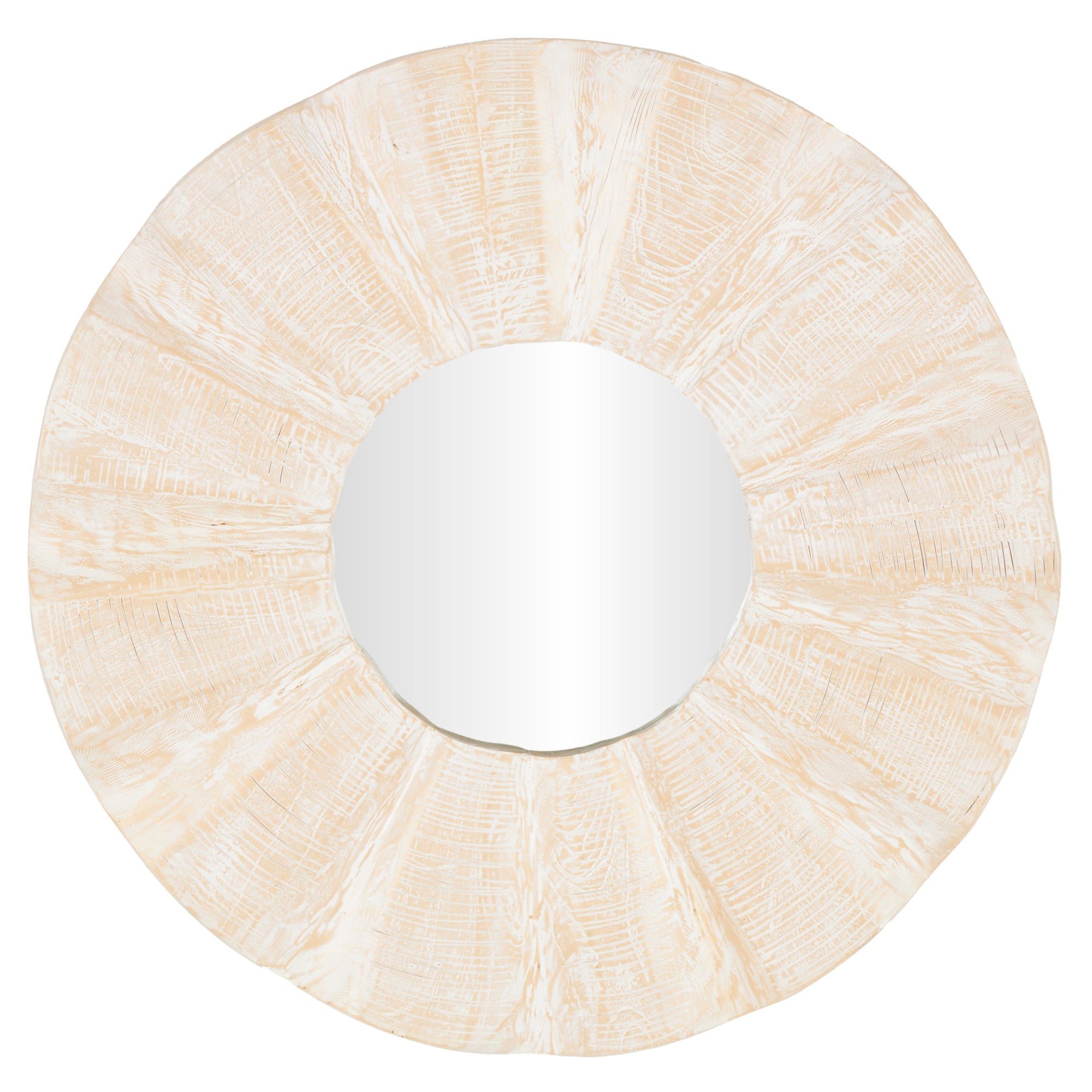 Abstract Cream Teak Wood Handmade Large Room Wall Mirror with Carved Abstract Patterns