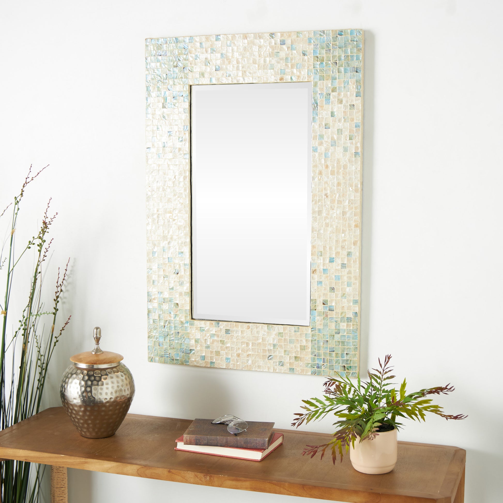 Cream Mother of Pearl Shell Handmade Mosaic Room Wall Mirror with Blue Corners