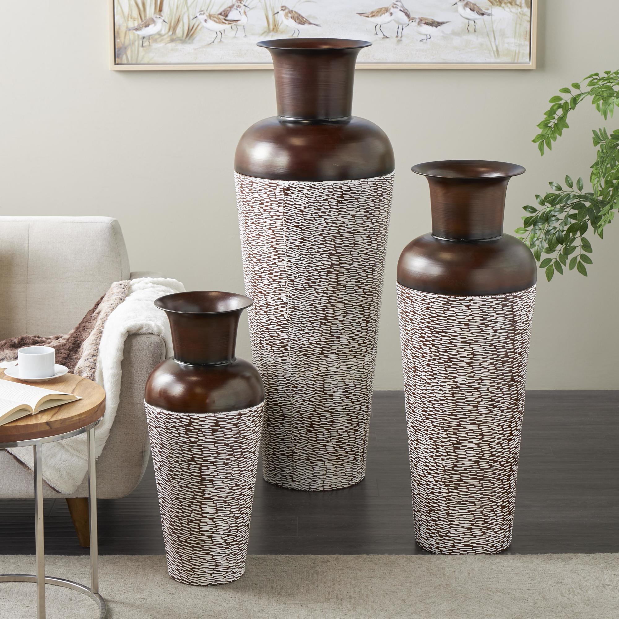 Set of 3 Metal Tall Tapered Floor Decorative Vase with Brown Trumpet Tops Set of 3 18", 39", 28"H