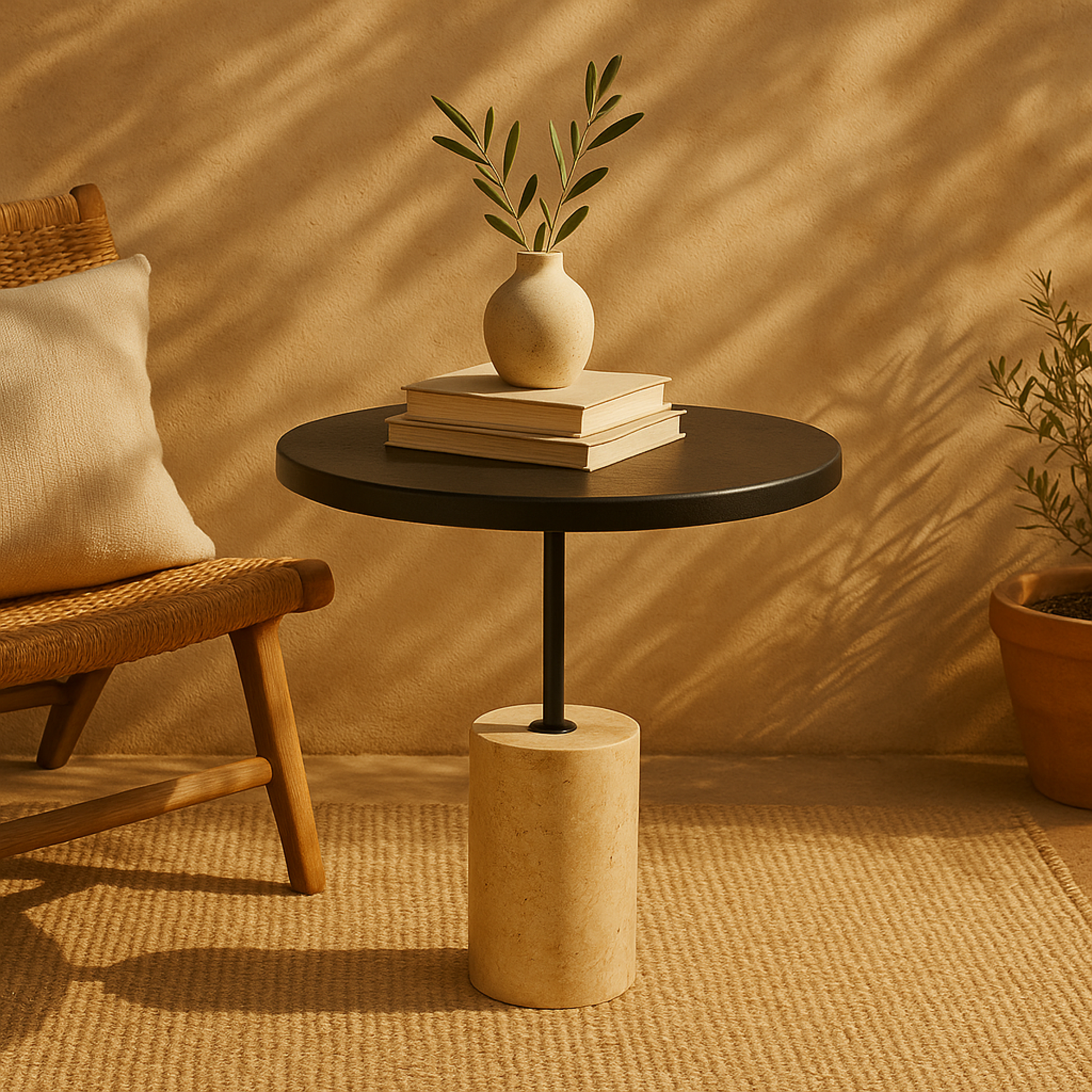 Geometric Black Wood Side End Accent Table with Ivory Marble Base