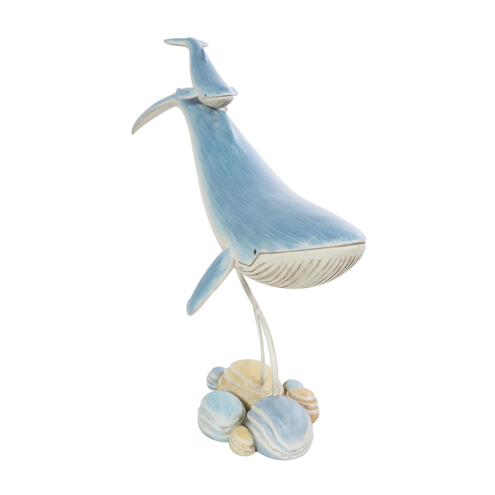 Whale Blue Polystone Swimming Mother and Baby Decorative Sculpture with Yellow Accents