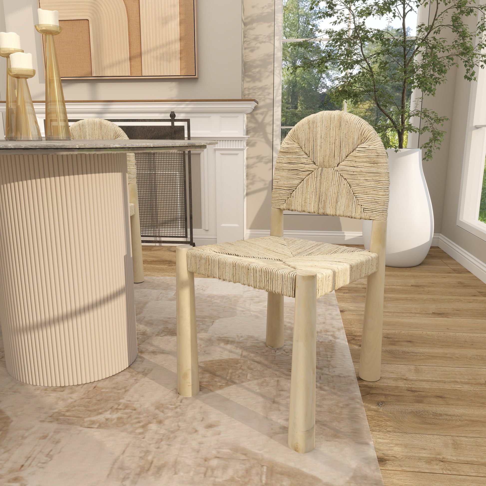 Set of 2 Wood Handmade Art Deco Kitchen Dining Chair with Woven Banana Leaf Seat