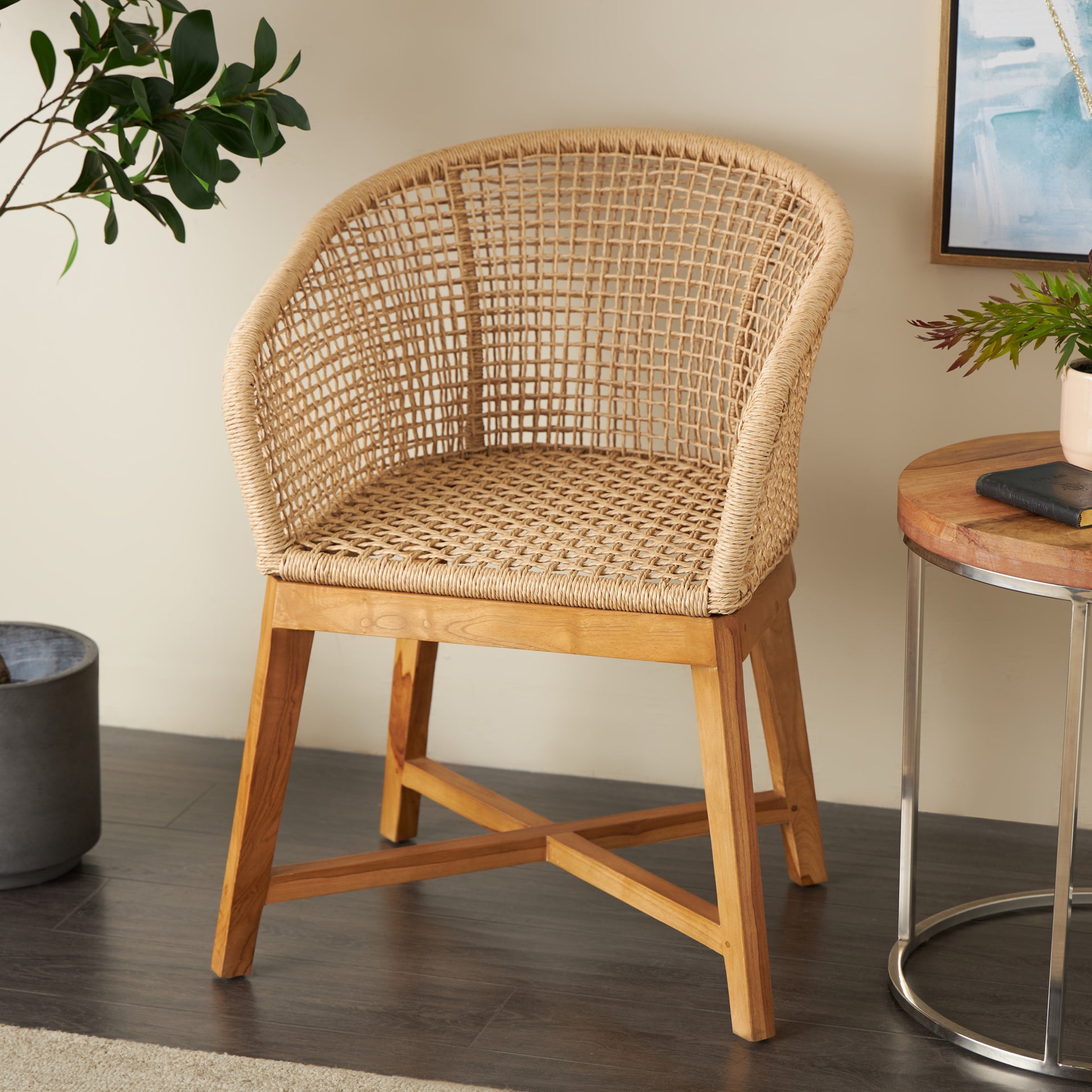 Light Brown Plastic Rattan Handmade Woven Rounded Living Room Accent Chair with Teak Frame