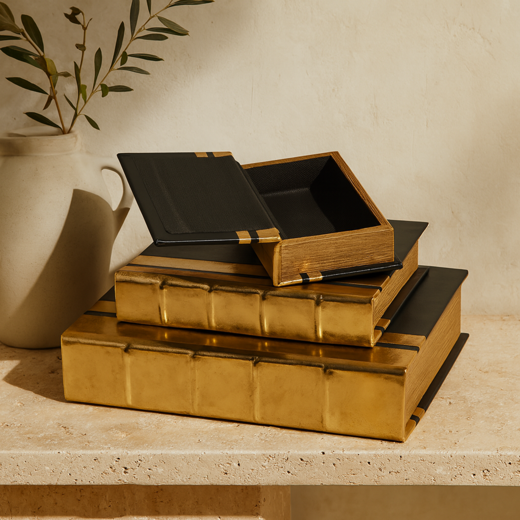 CosmoLiving by Cosmopolitan Set of 3 Faux Leather Metallic Faux Book Storage Decorative Box