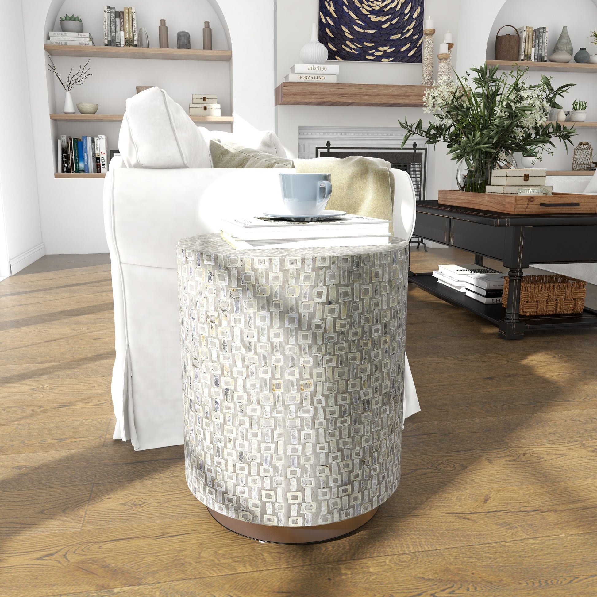Geometric Mother of Pearl Shell Side End Accent Table with Gold Base