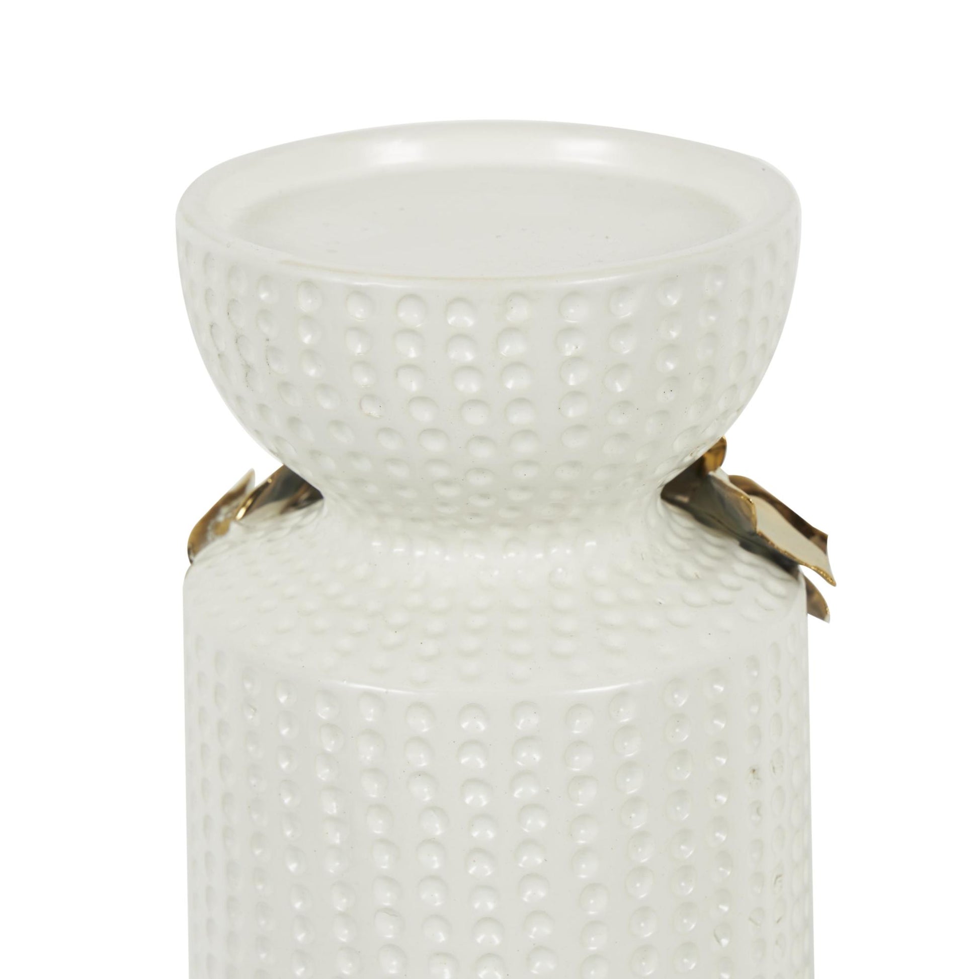 Set of 2 Leaf White Ceramic Decorative Candle Holder with Abstract Spotted Pattern and Gold Accents