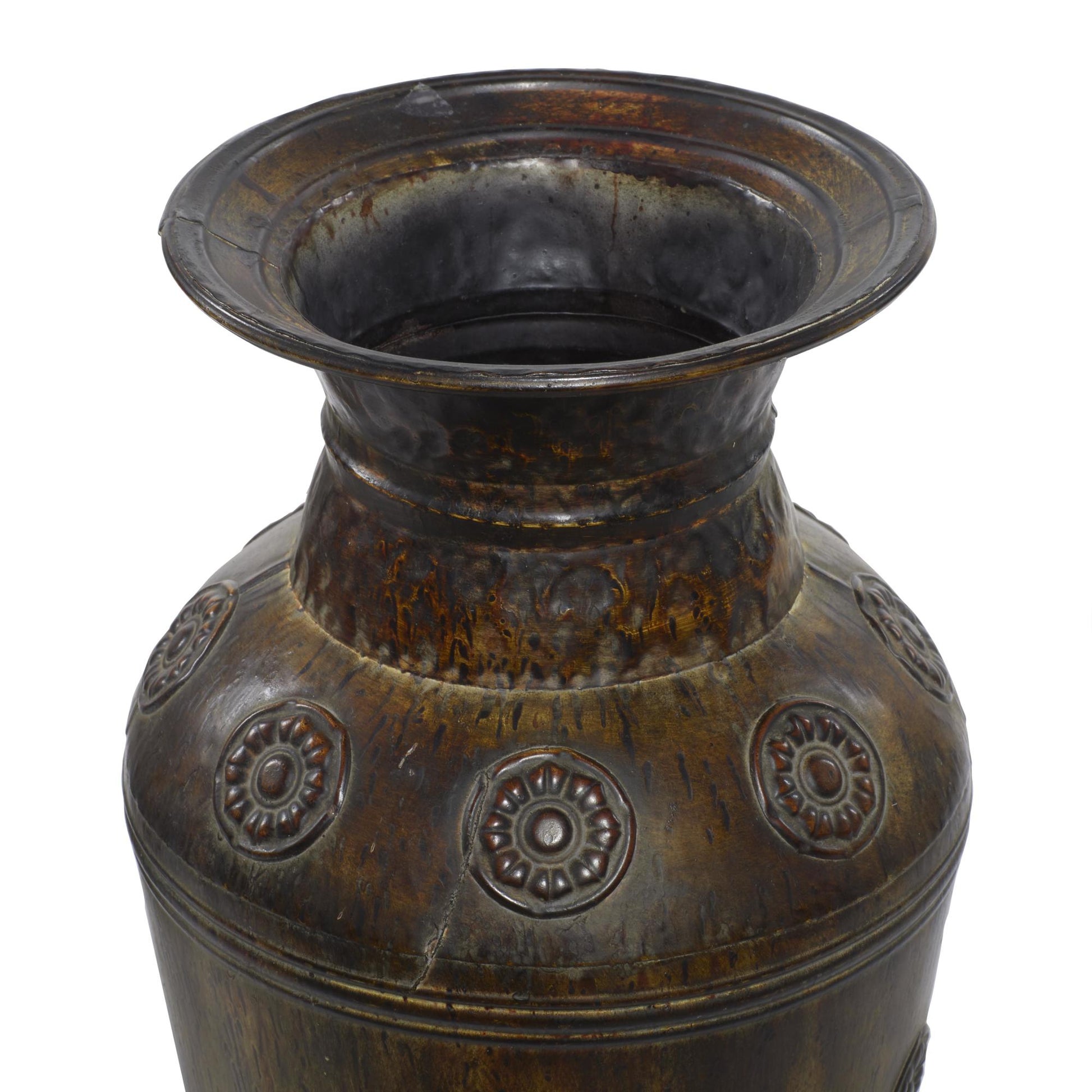 Set of 2 Floral Brown Metal Indoor Outdoor Large Decorative Vase with Evil Eye Relief