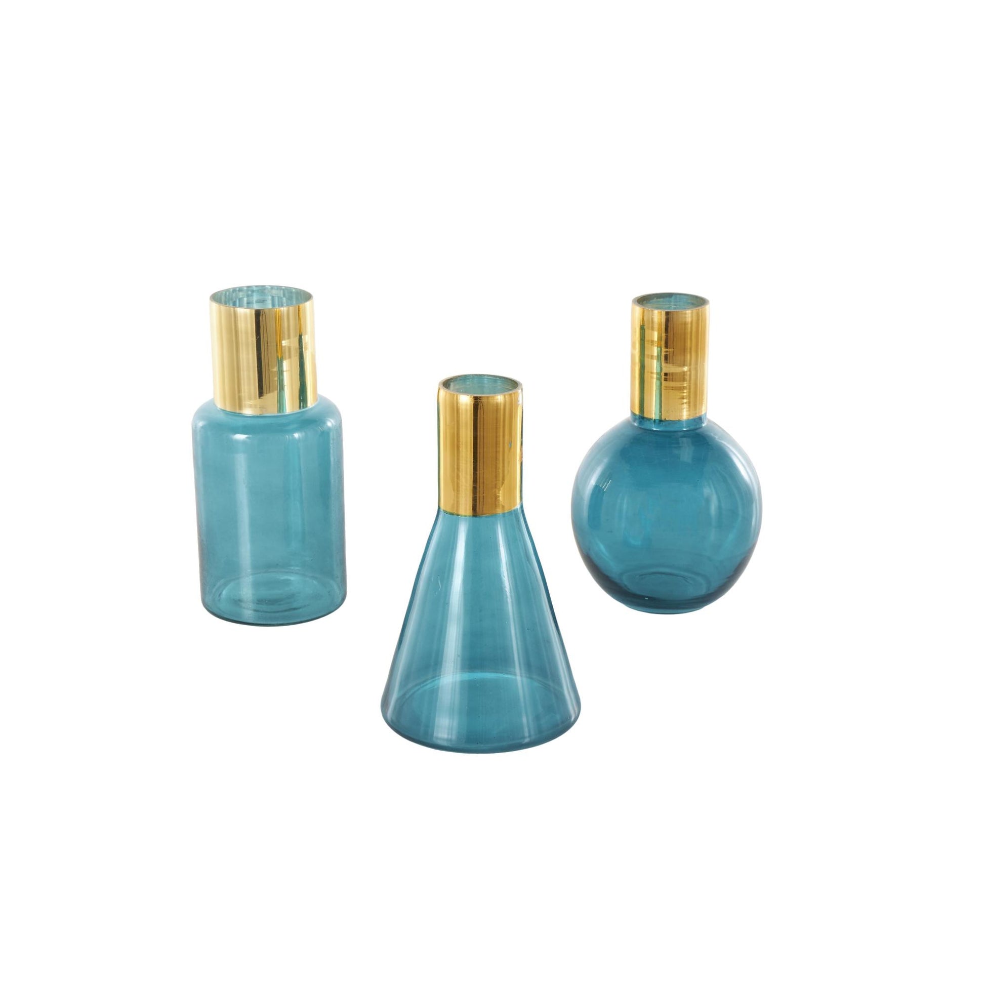 Set of 3 Geometric Glass Tinted Decorative Vase with Gold Rim and Varying Shapes