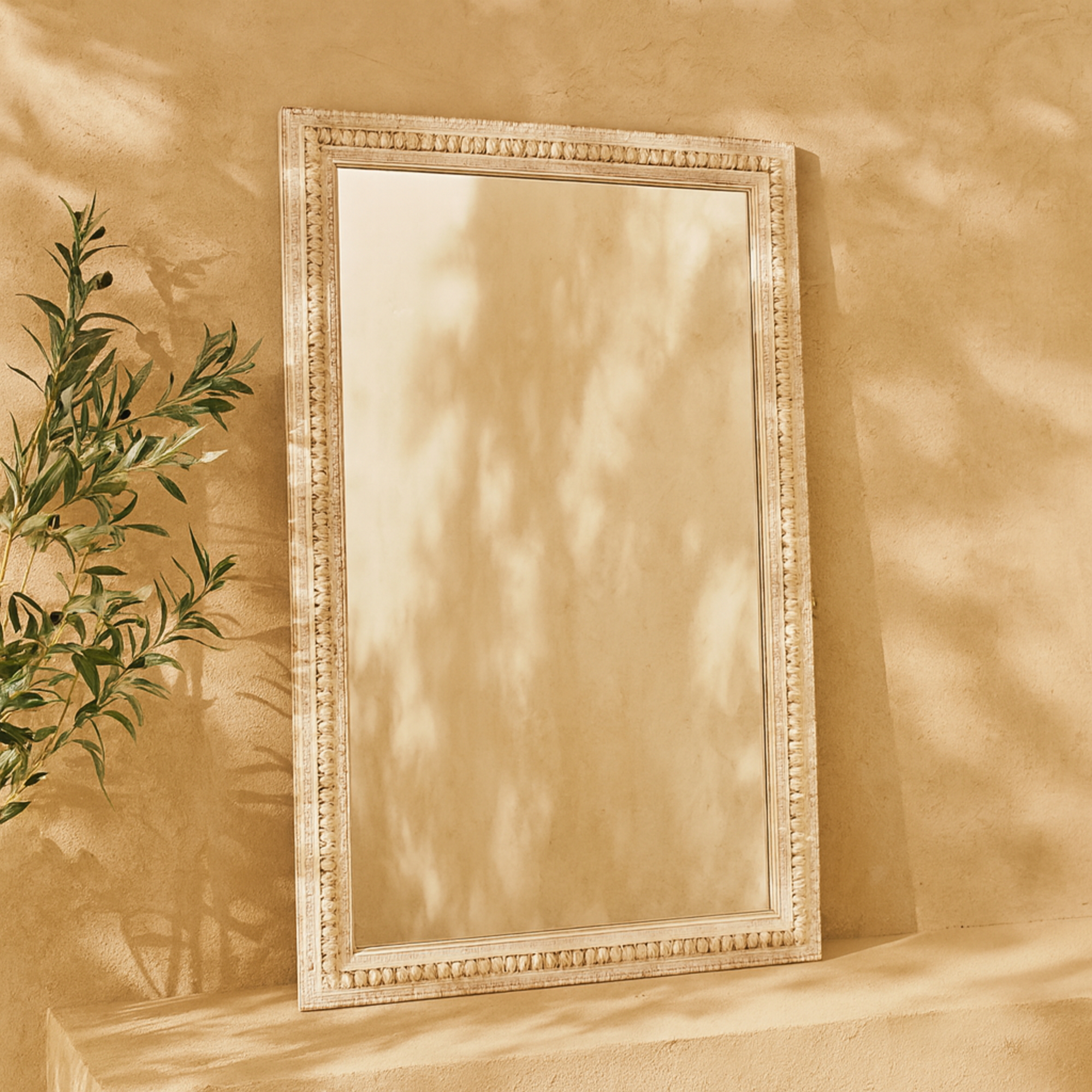 White Wood Carved Beaded Room Wall Mirror