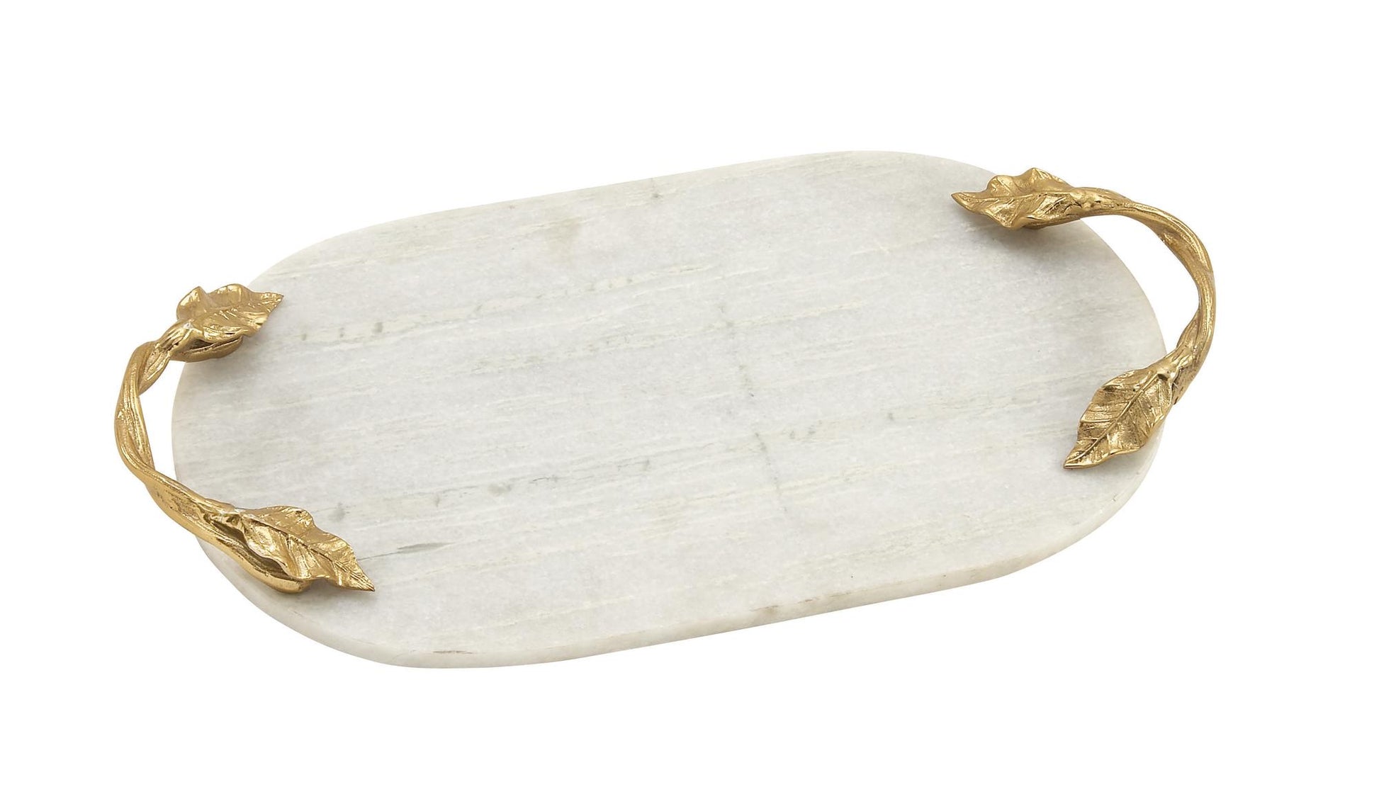 Leaf Marble Oval Living Room Decor Tray with Gold Twisted Metal Handles
