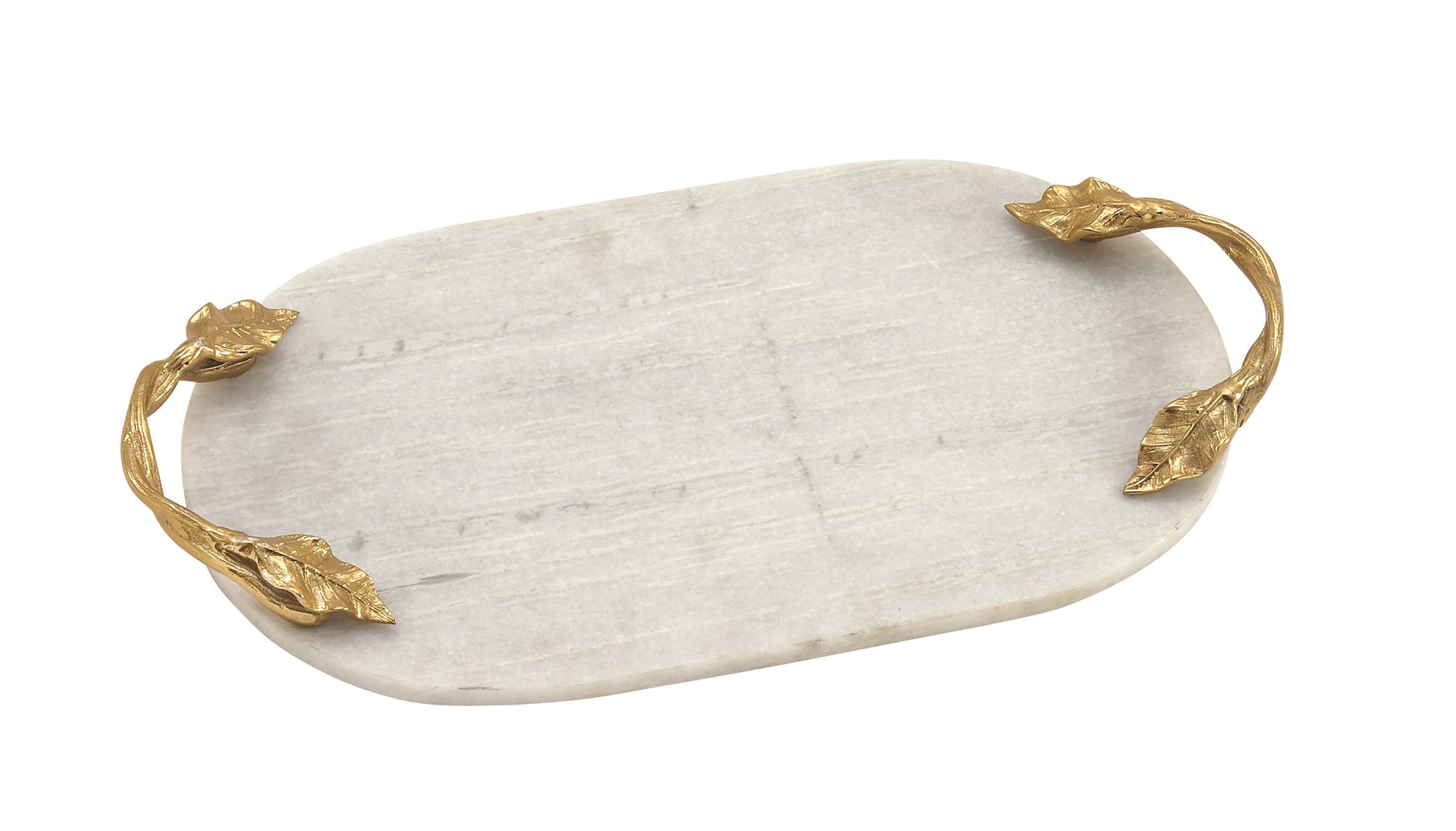 Leaf Marble Oval Living Room Decor Tray with Gold Twisted Metal Handles