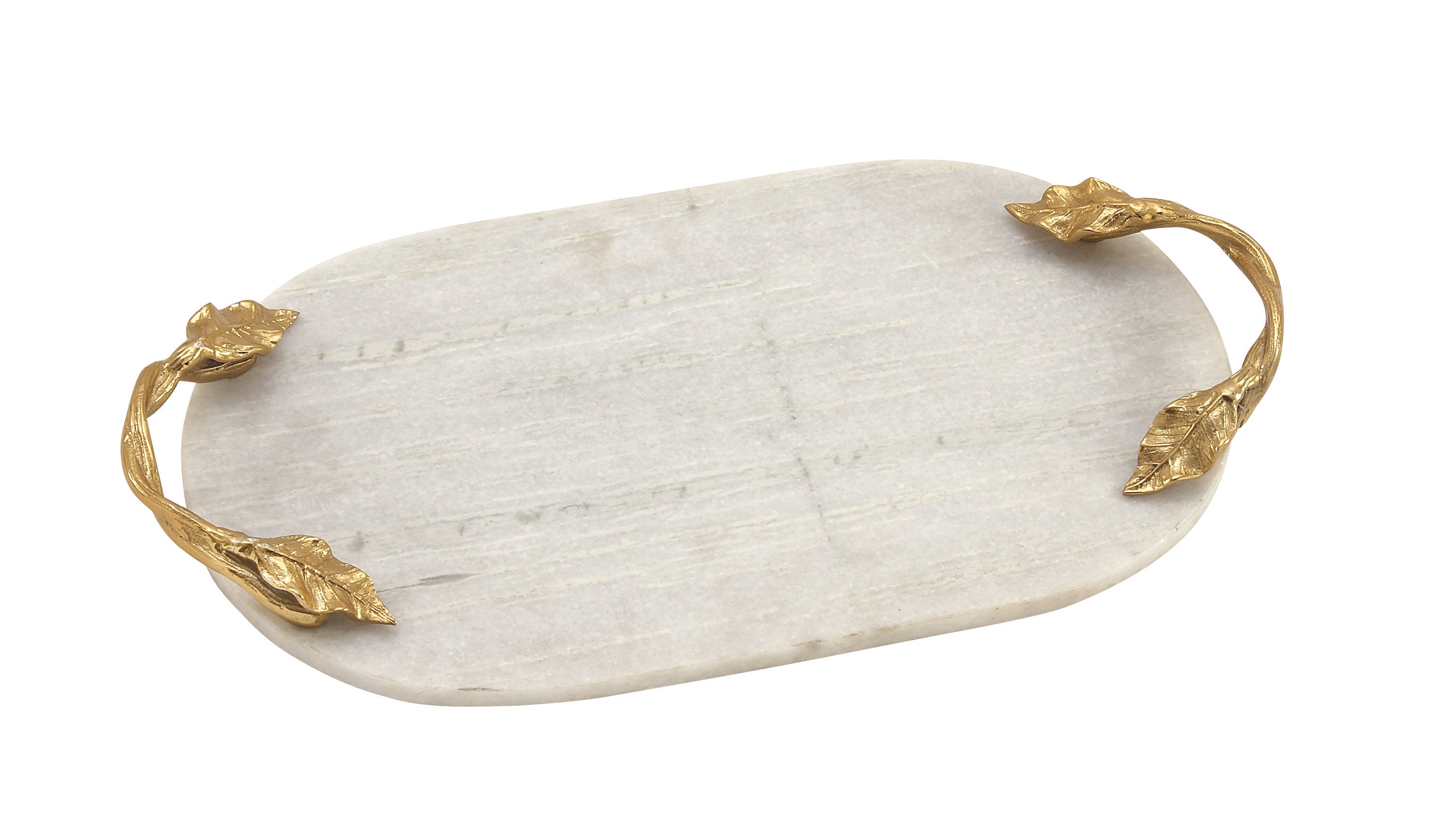 Leaf Marble Oval Living Room Decor Tray with Gold Twisted Metal Handles