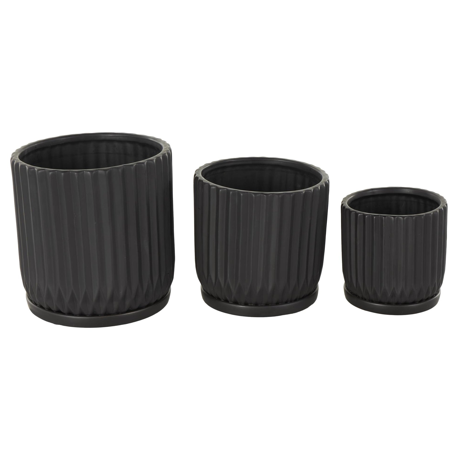 Set of 3 Ceramic Ribbed Indoor Outdoor Planter with Attached Saucer