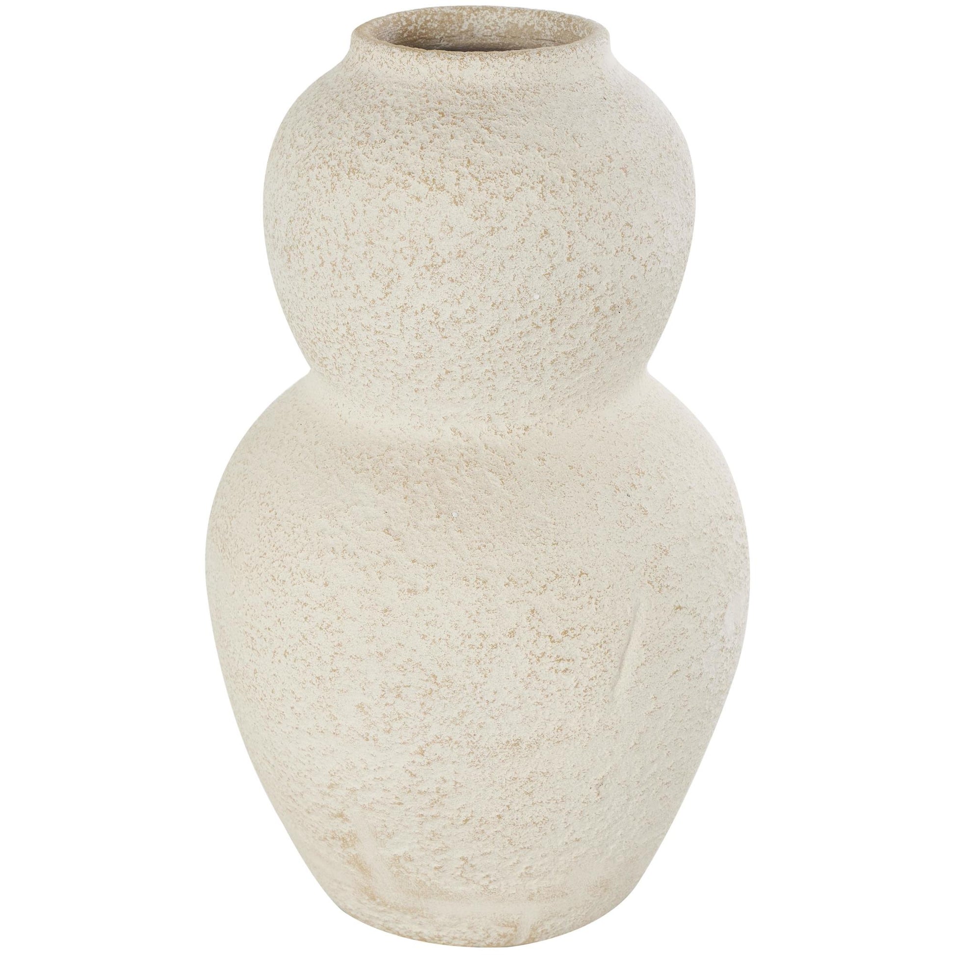 Cream Ceramic Hourglass Textured Decorative Vase with Brown Distressing