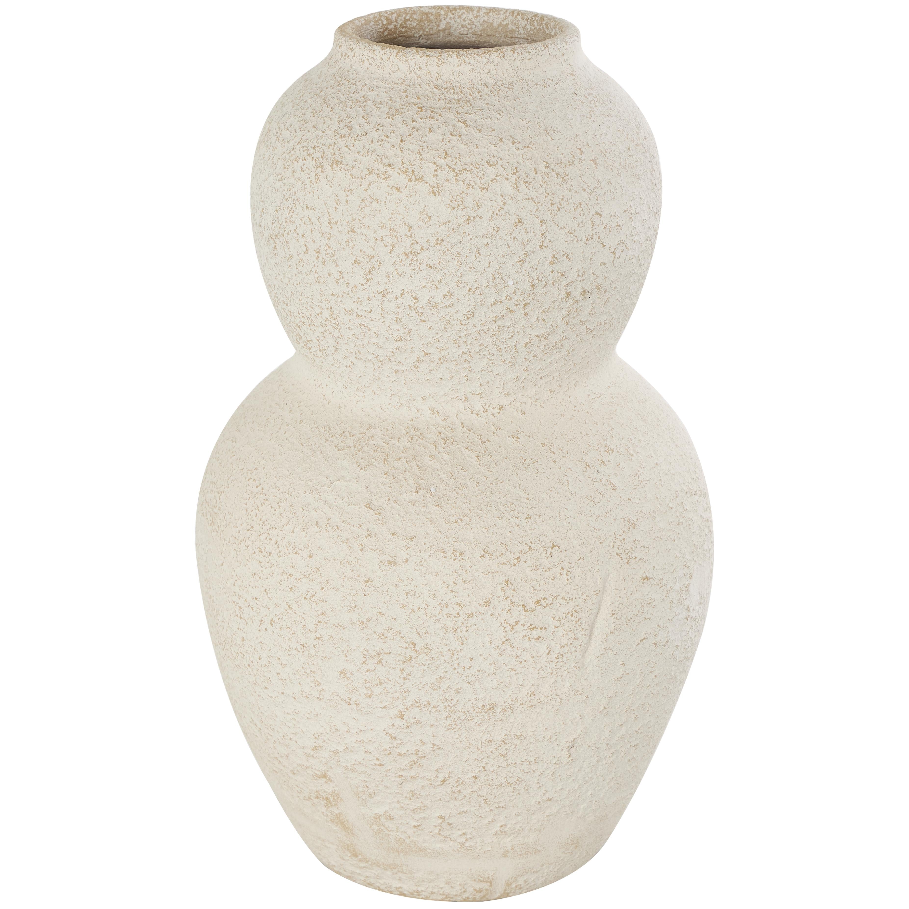 Cream Ceramic Hourglass Textured Decorative Vase with Brown Distressing