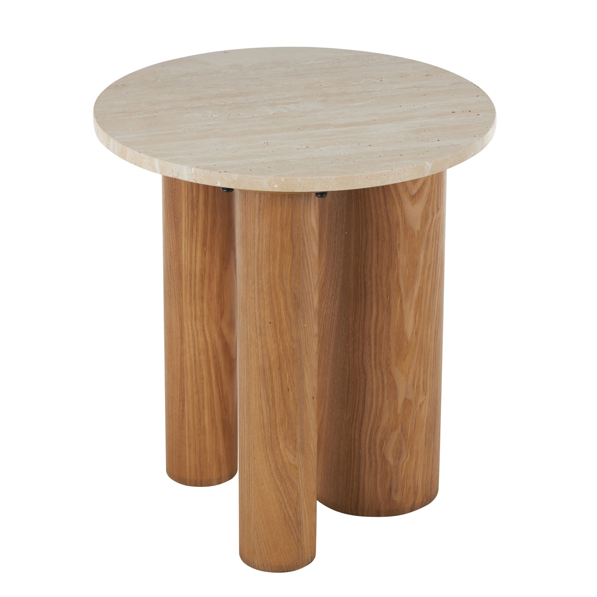 Brown Wood Side End Accent Table with Beige Round Marble Tabletop