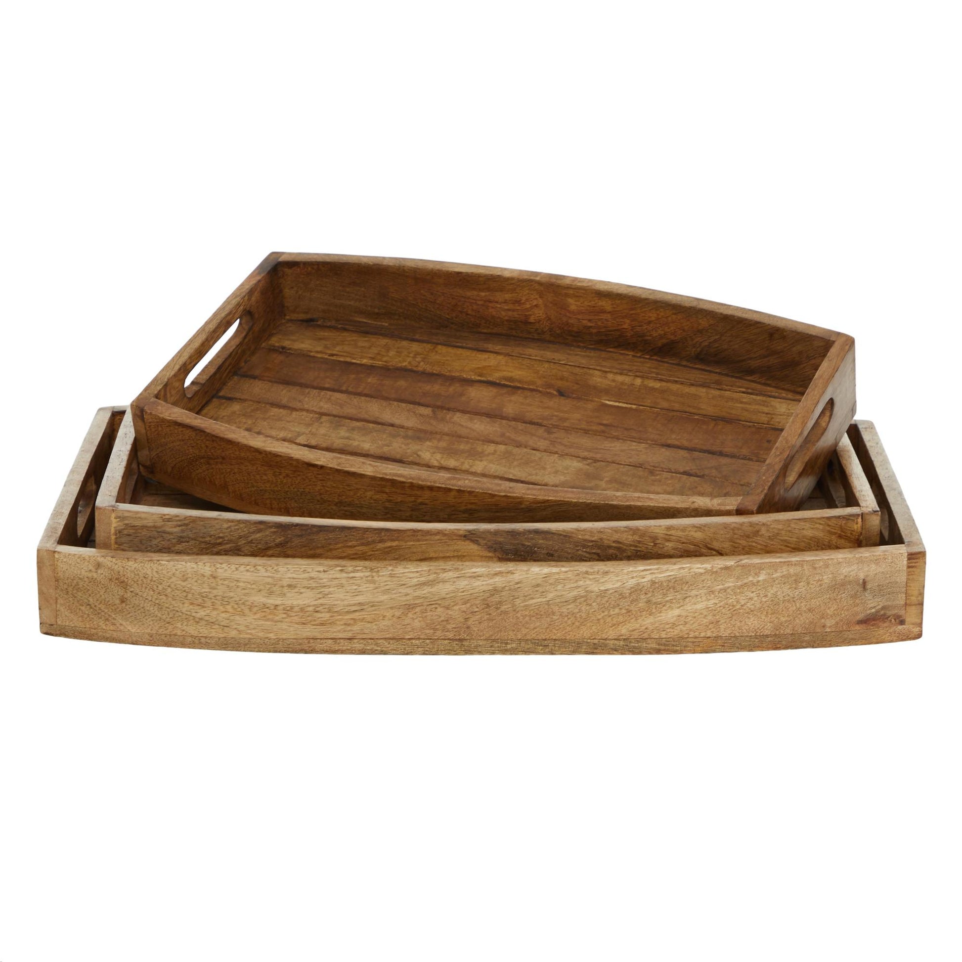 Set of 3 Brown Mango Wood Living Room Decor Tray with Slot Handles