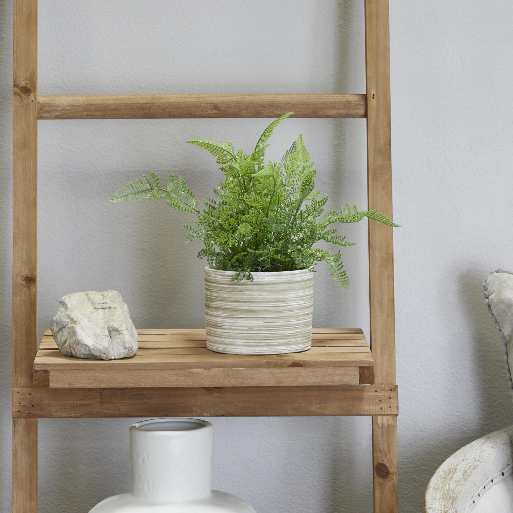 Fern Green Faux Foliage Indoor Outdoor Artificial Plant with Realistic Leaves and Patterned Round Pot