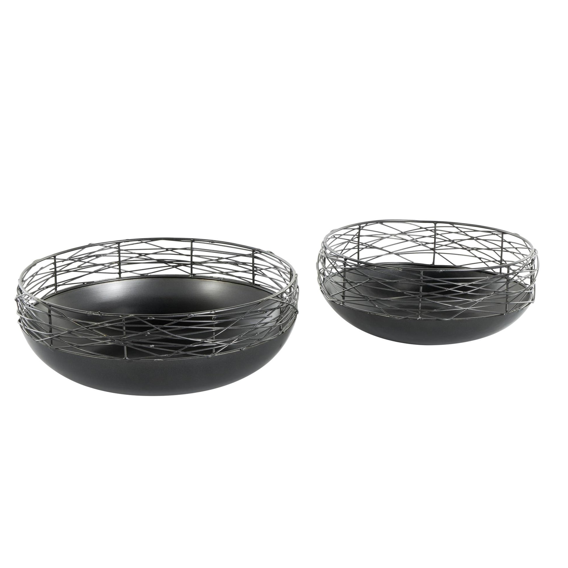 Set of 2 Abstract Black Metal Intertwined Wire Large Decorative Bowl with Solid Matte Base