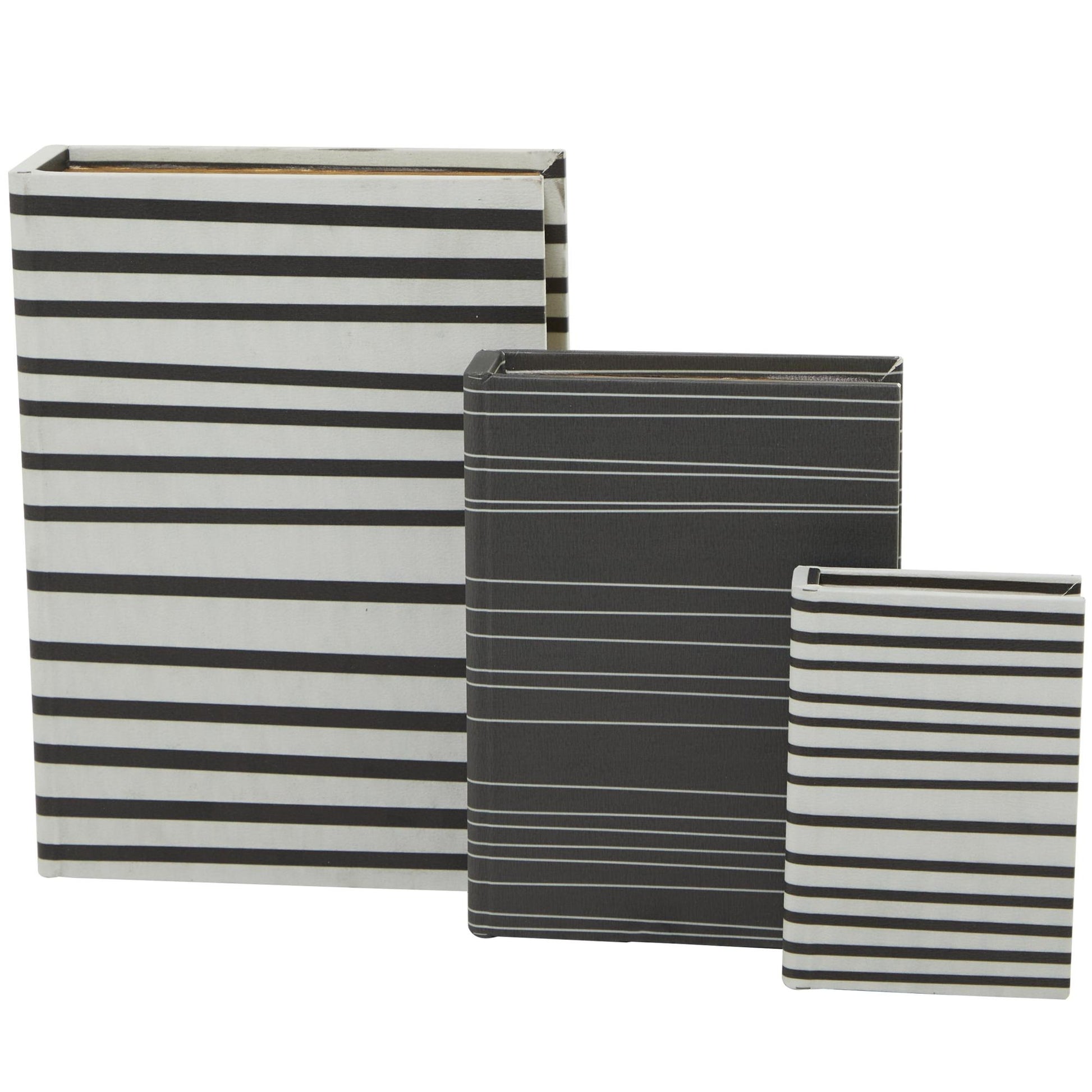 Set of 3 White Faux Leather Striped Faux Book Storage Decorative Box with Black Accents