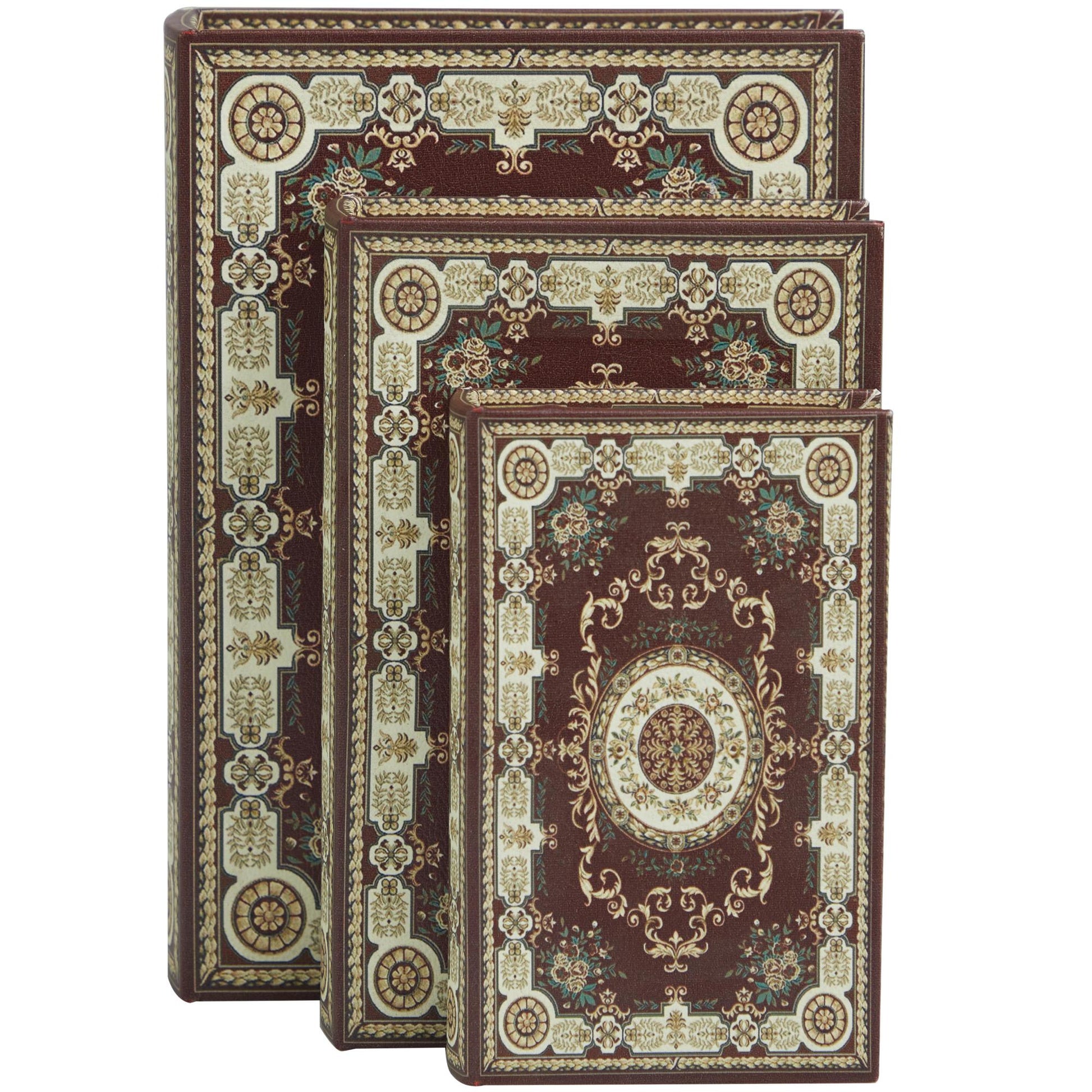 Set of 3 Scroll Red Canvas Faux Book Storage Decorative Box with Cream Floral Arabesque Patterns