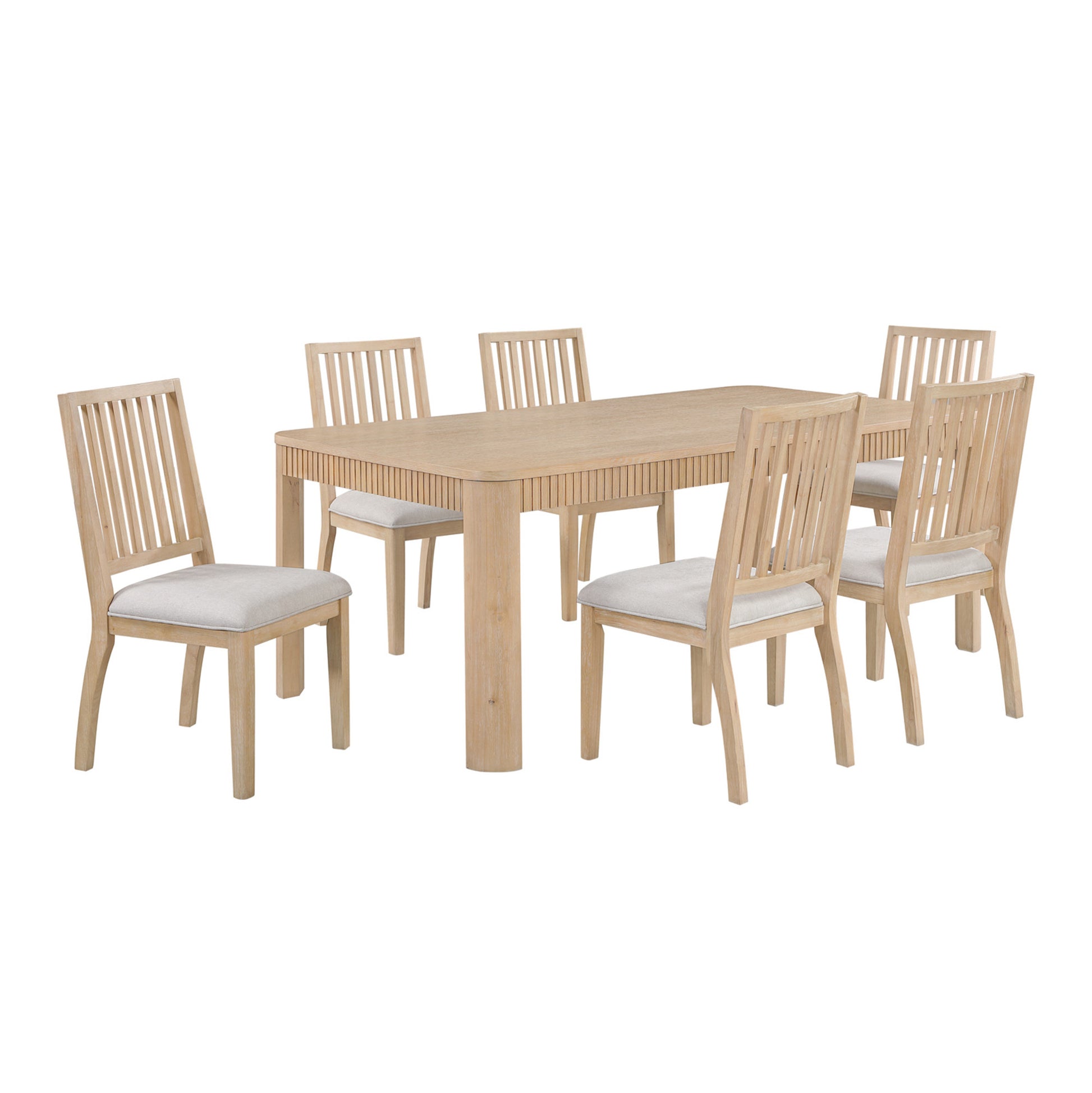 Light Brown Wood Slatted Kitchen Dining Table with Natural Wood Grains and Trapezoid Carved Legs